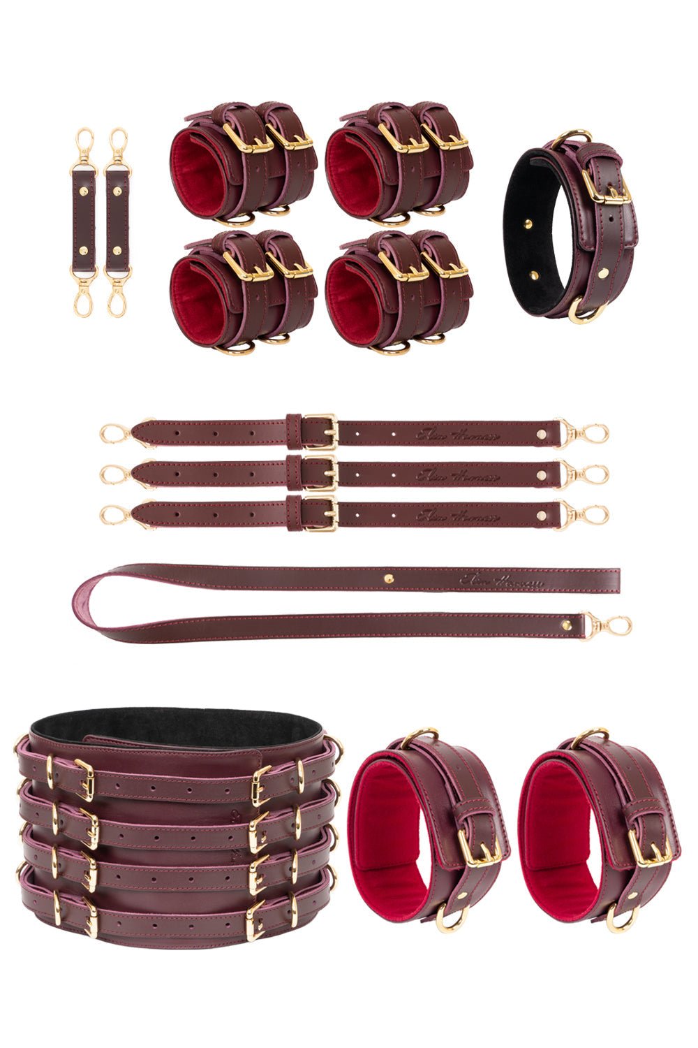 Burgundy Luxury Full Leather Set with Wide Belt and Cuffs - Elinlatex