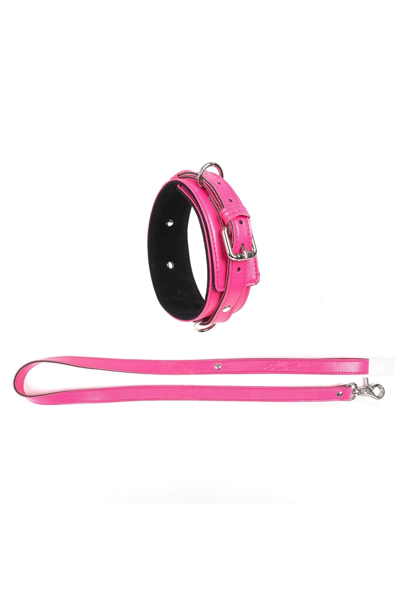 Faux Leather Collar with Leash. Pink - Elinlatex