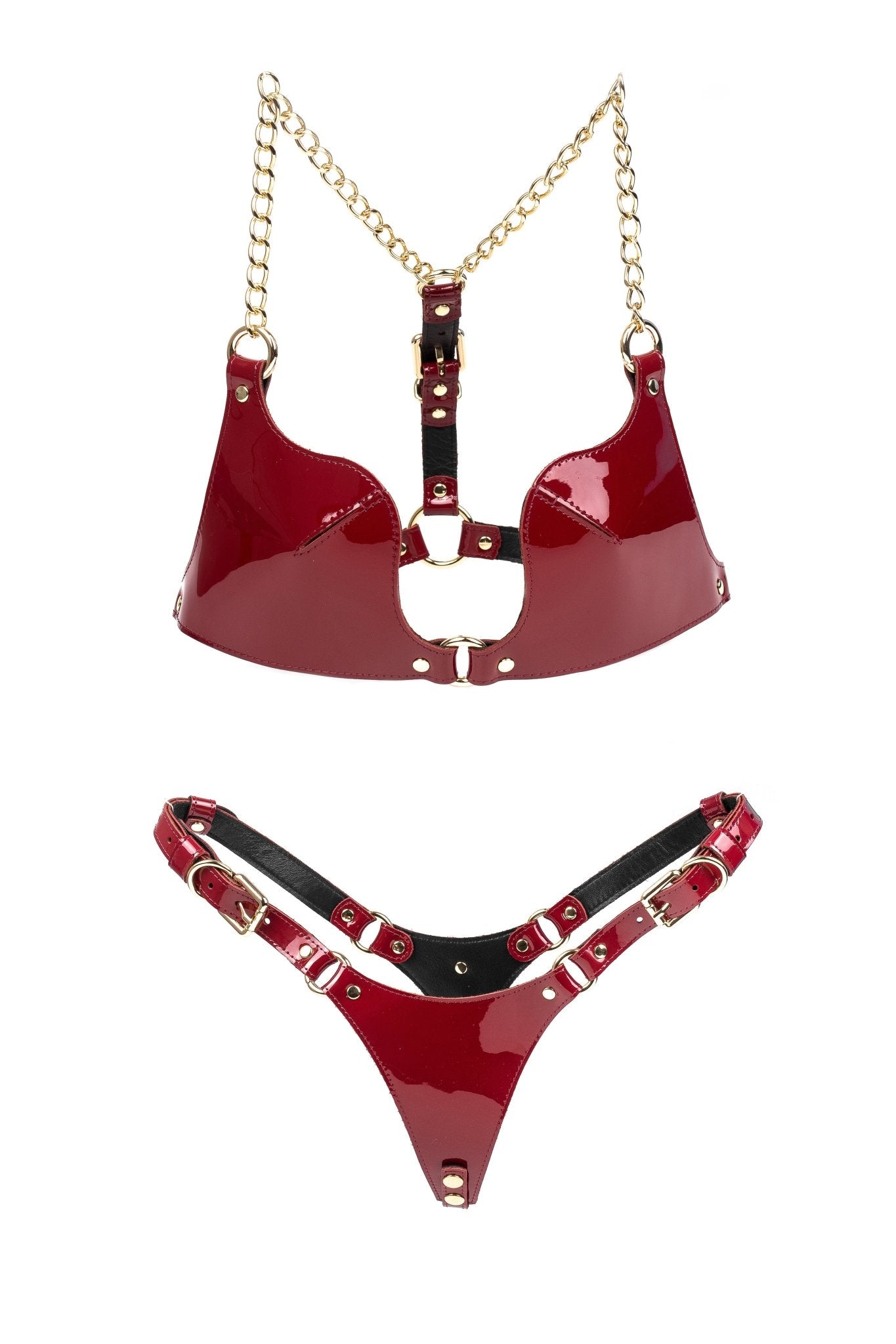 Freyja Full Genuine Leather Lingerie Set Lacquered. Burgundy - Elinlatex