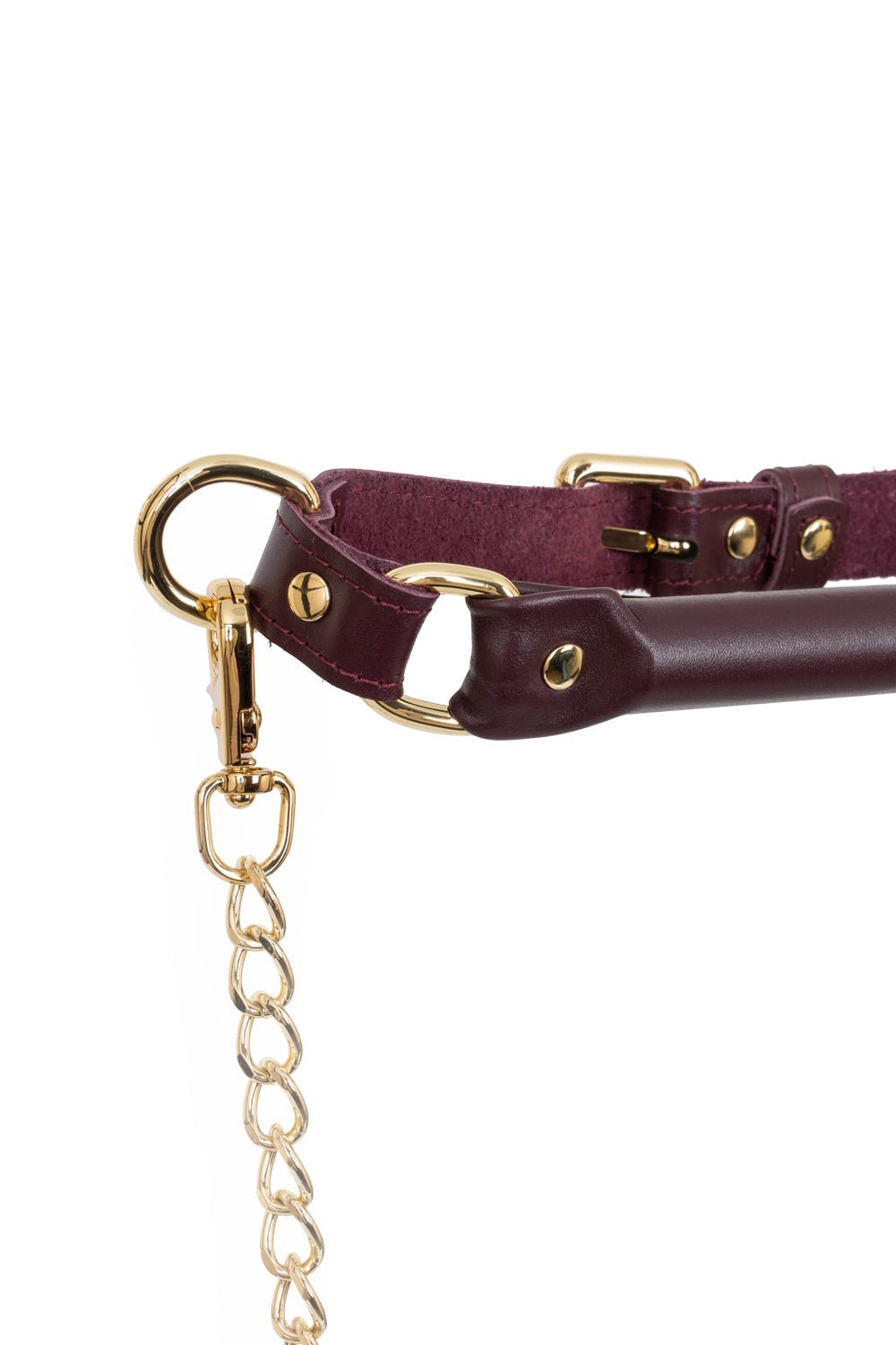 Genuine Leather Bridle Gag with removable chain leash. Burgundy - Elinlatex