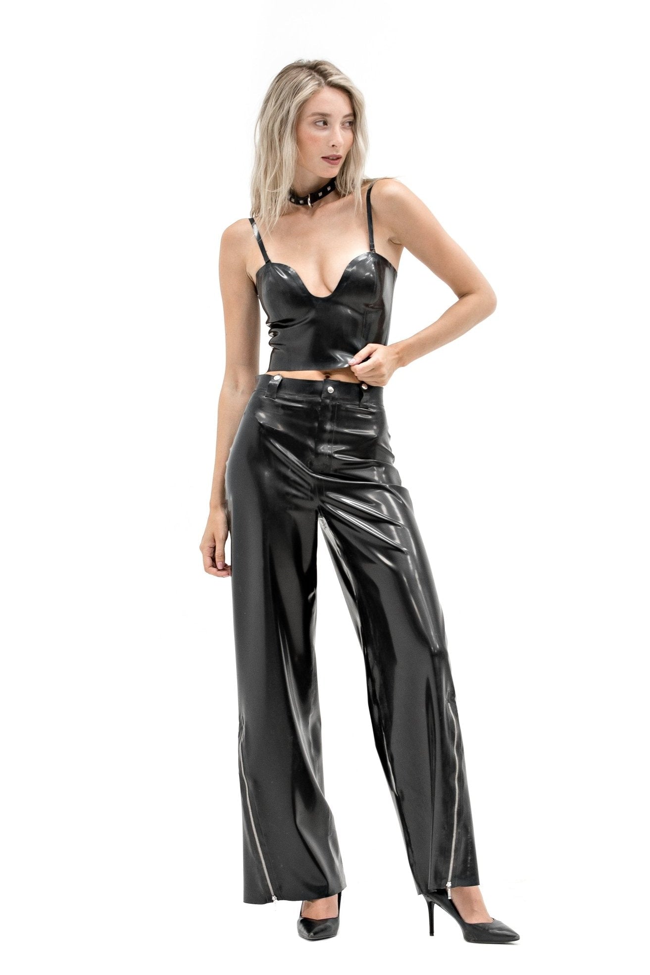 High - Waisted Black Latex Pants with Side Zippers - Elinlatex