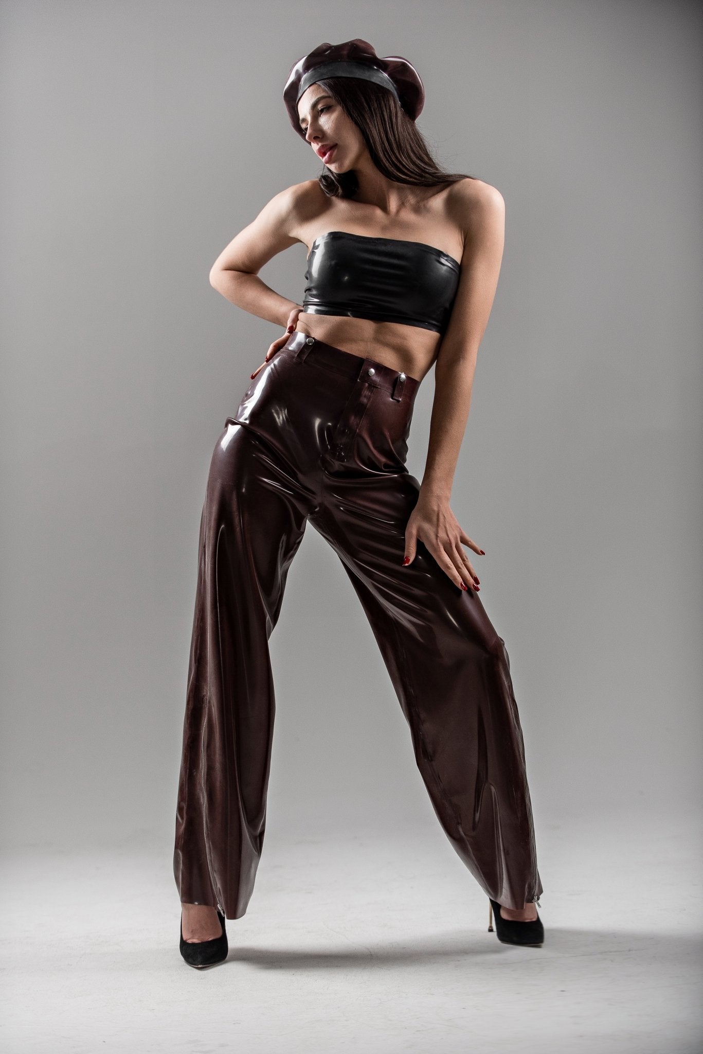 High - Waisted Black Latex Pants with Side Zippers. Brown - Elinlatex