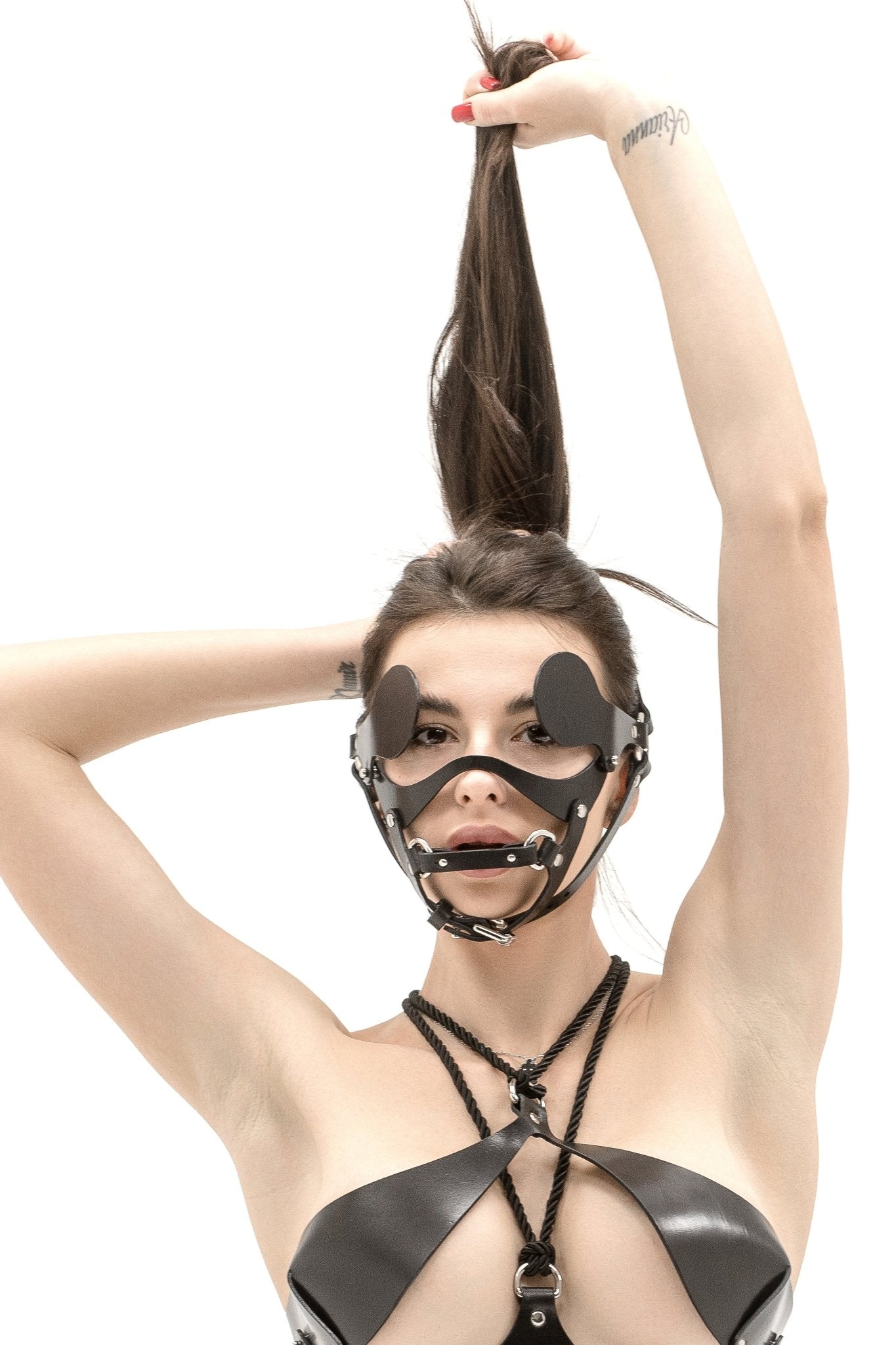 "Horsey" Leather Lace - up Bra & Bikini Set with the Mask - Elinlatex