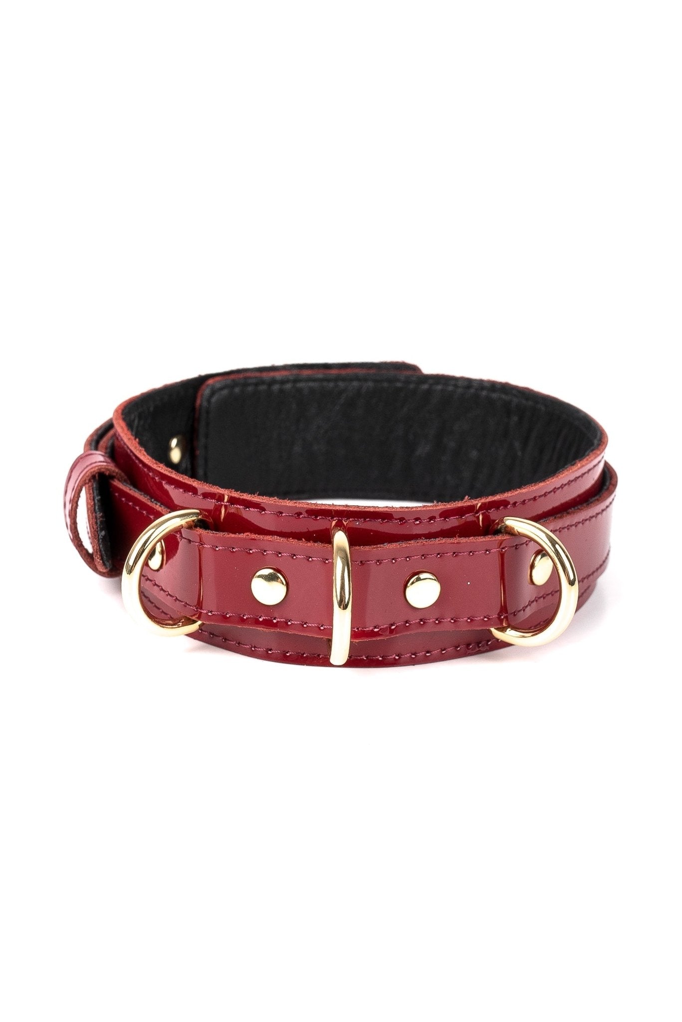 Lacquered Leather Collar with 3 D - rings. Burgundy - Elinlatex