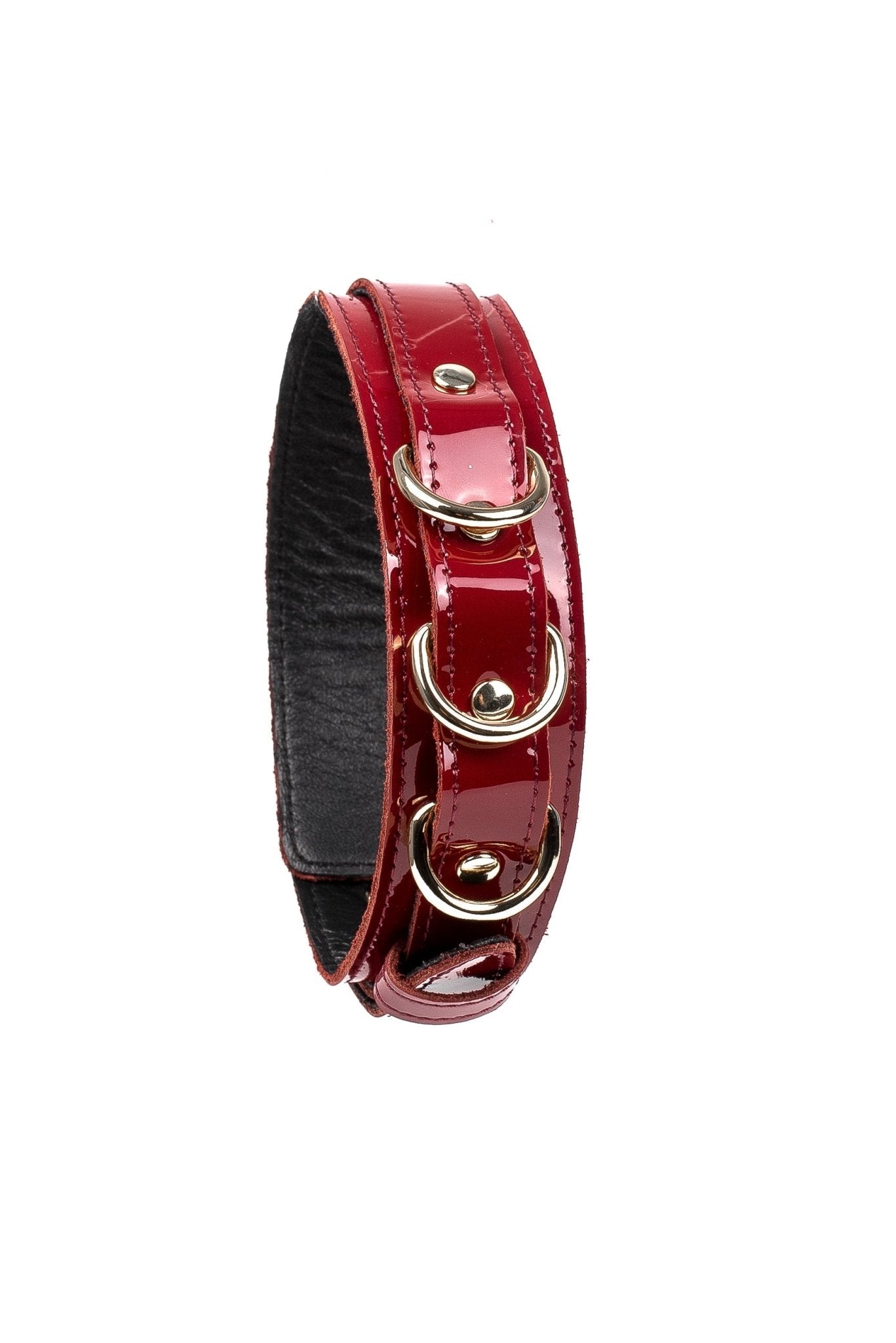 Lacquered Leather Collar with 3 D - rings. Burgundy - Elinlatex