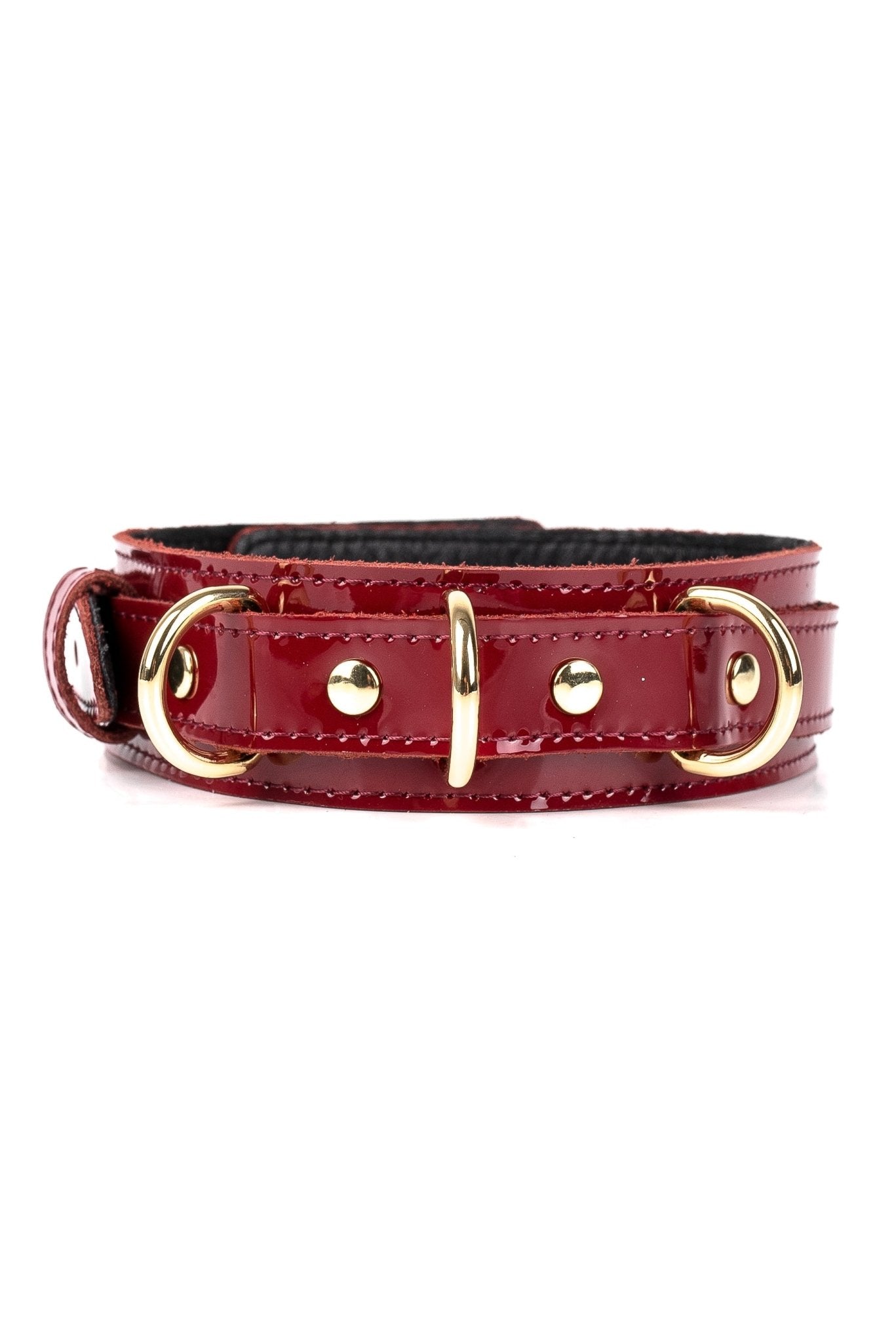 Lacquered Leather Collar with 3 D - rings. Burgundy - Elinlatex