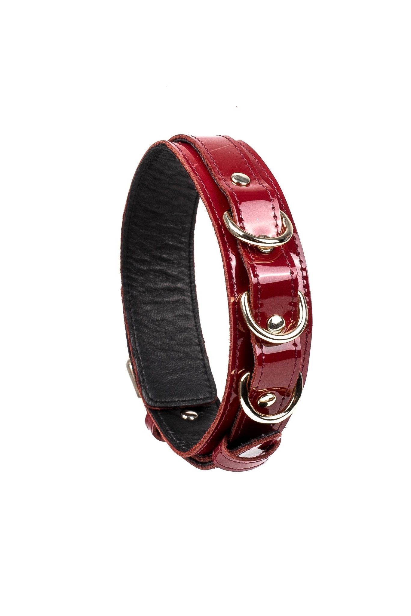 Lacquered Leather Collar with 3 D - rings. Burgundy - Elinlatex