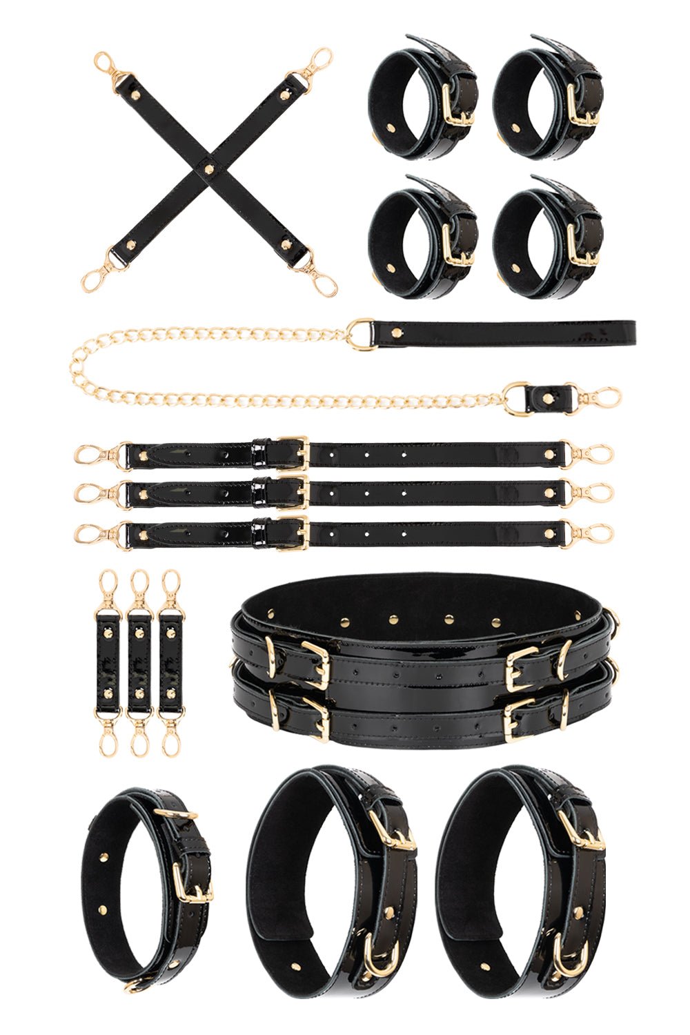 Lacquered leather FULL Set with chain leash. Black - Elinlatex