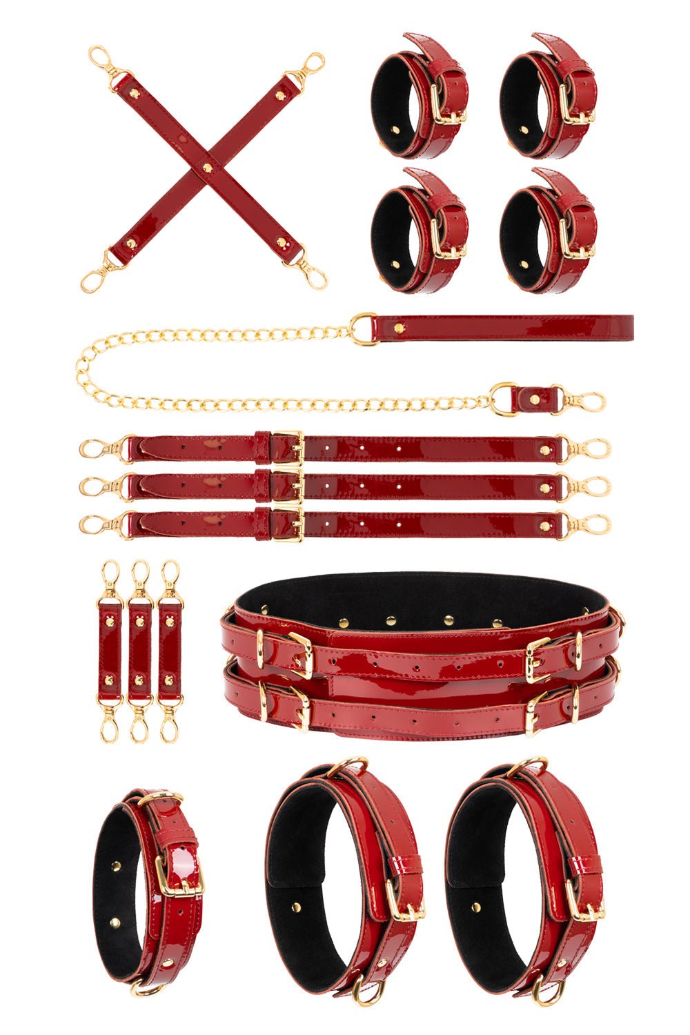 Lacquered leather FULL Set with chain leash. Black - Elinlatex