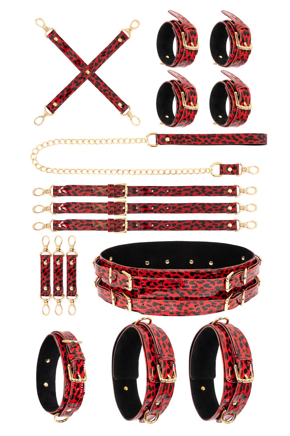 Lacquered leather FULL Set with chain leash. Burgundy - Elinlatex