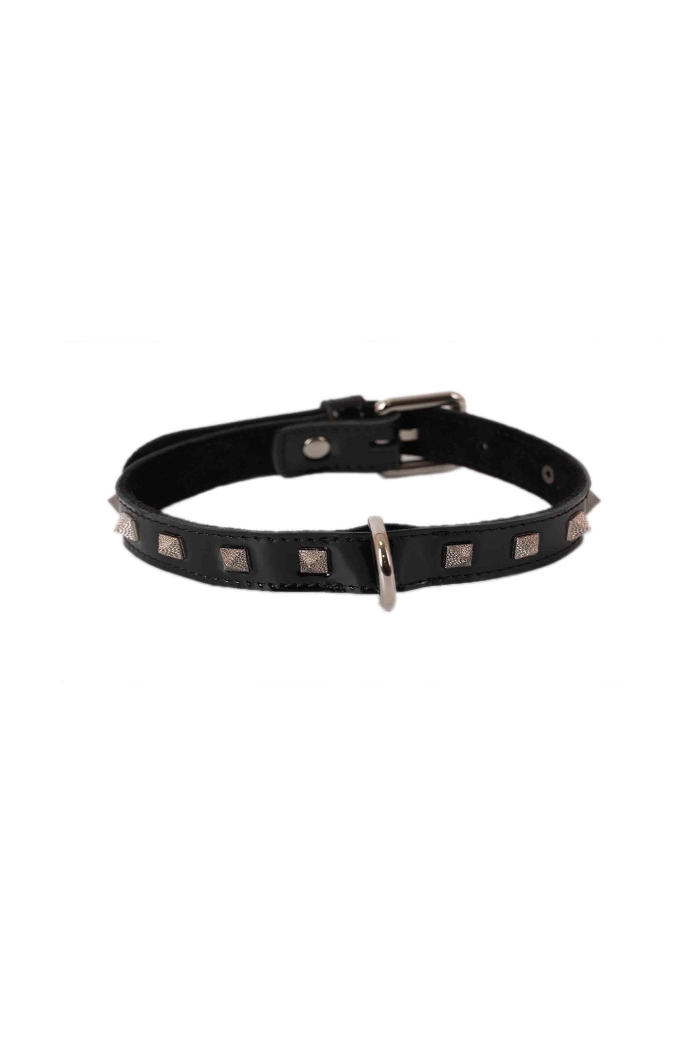 Lacquered Leather Spiked Choker. Black - Elinlatex