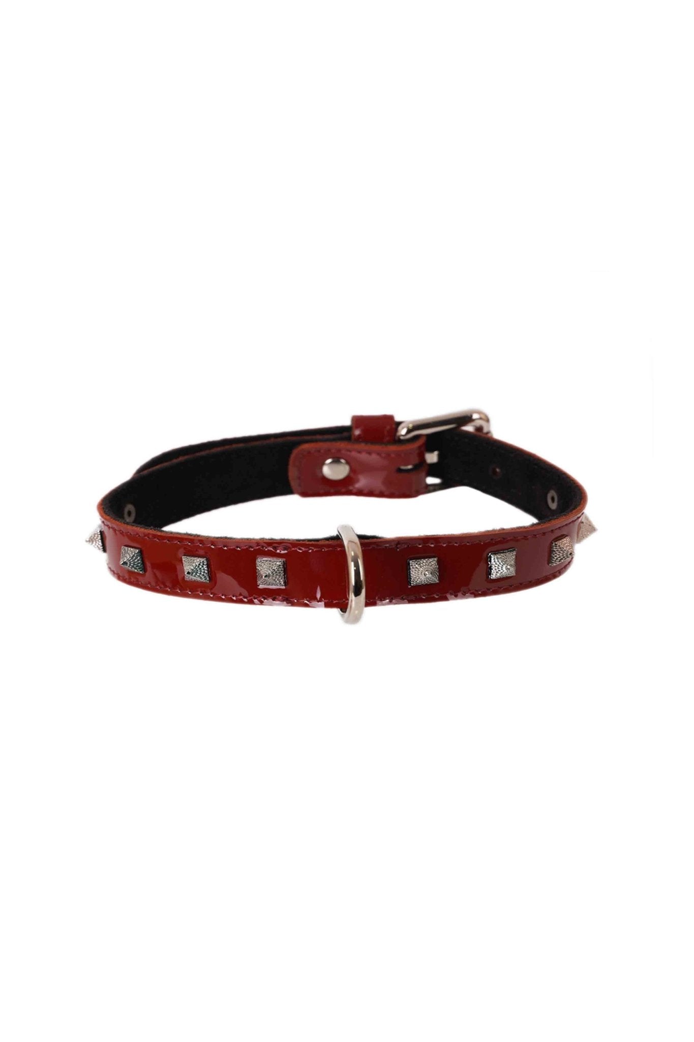 Lacquered Leather Spiked Choker. Burgundy - Elinlatex