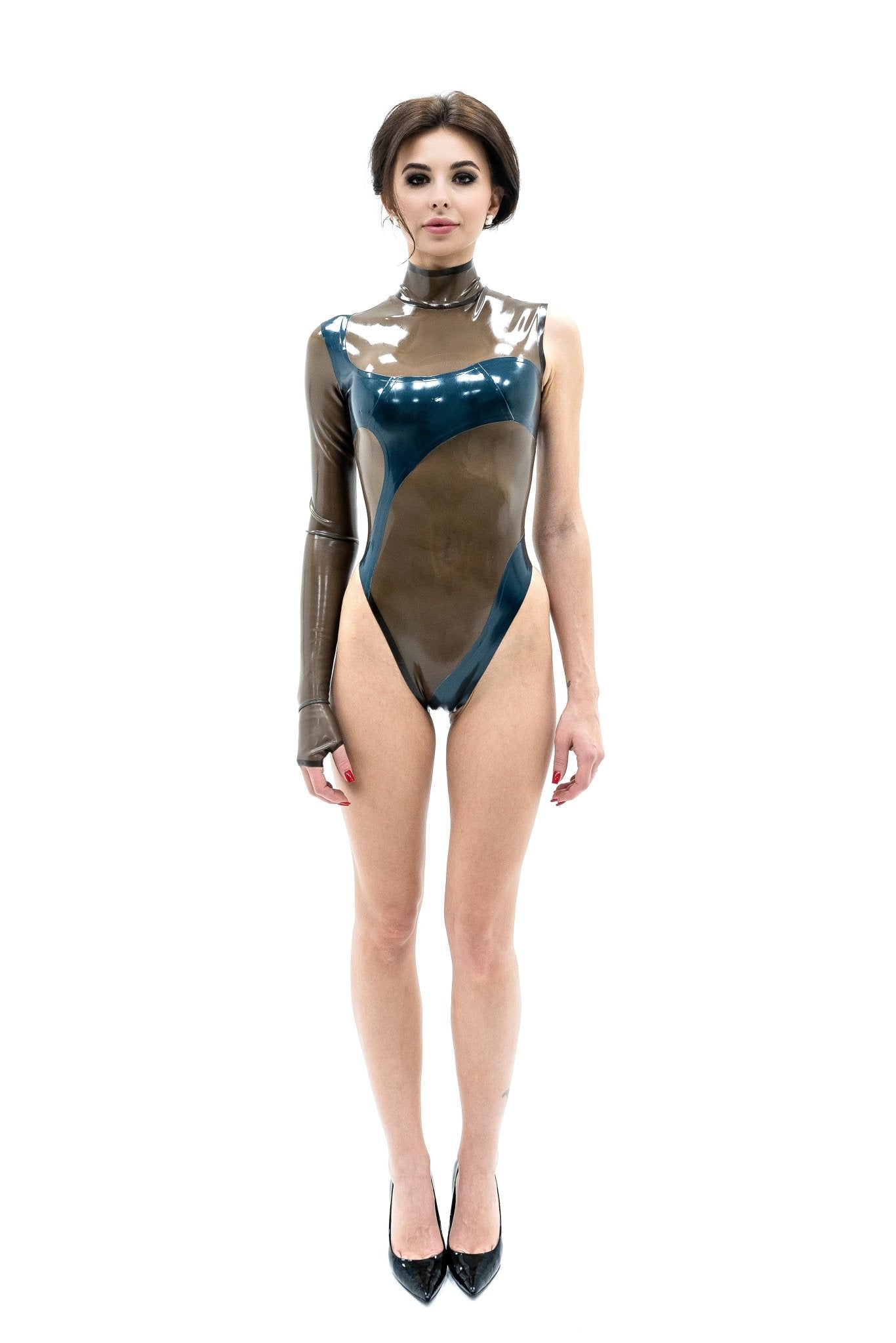 Latex Bodysuit with 1-sleeve. Asymmetric printed - Elinlatex