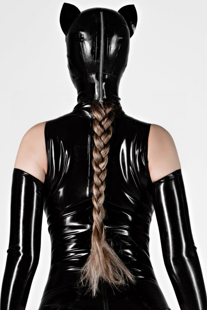 Latex cat mask with opened mouth. Black