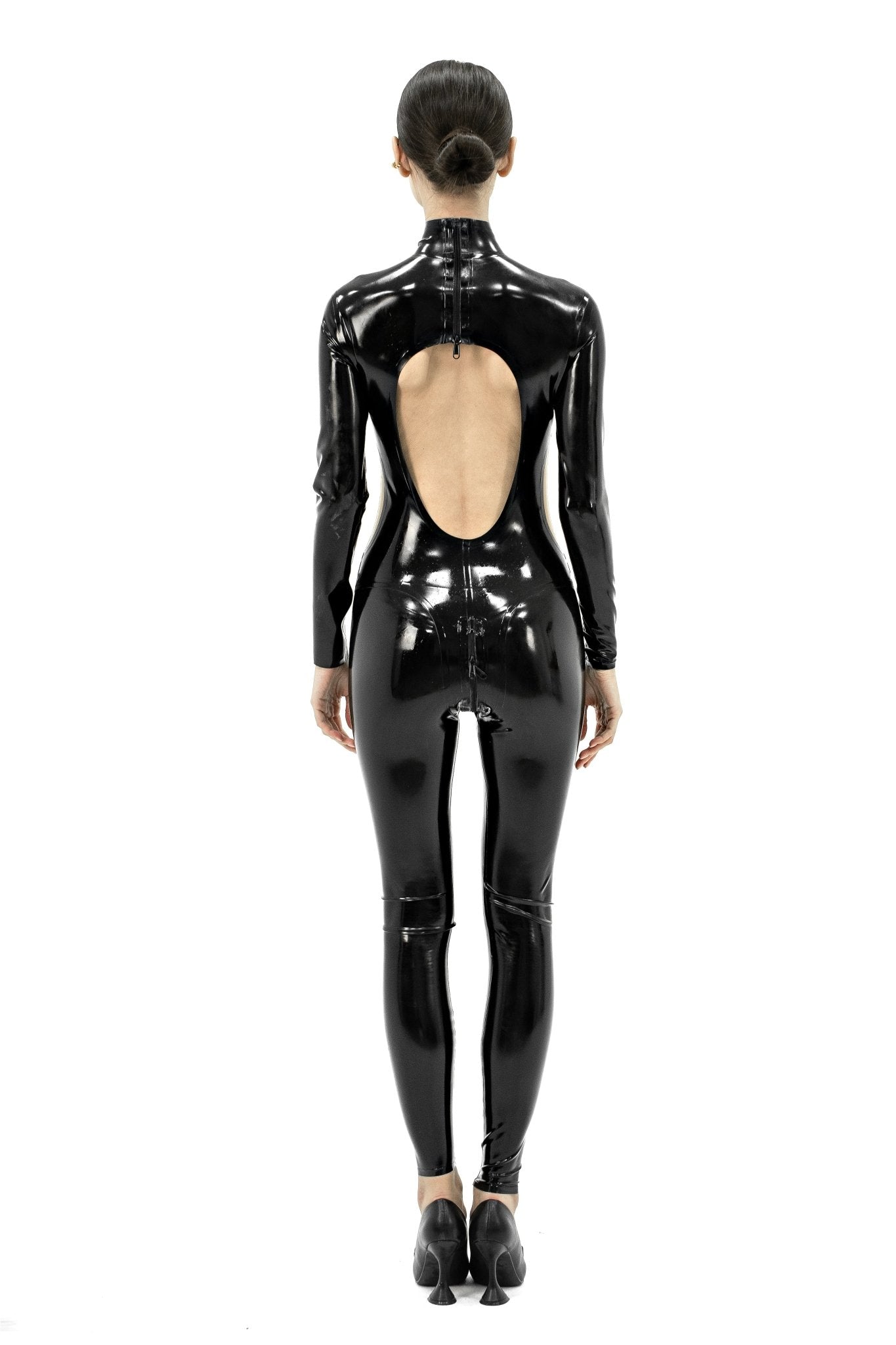 Latex Full - Length Catsuit with Back Cutout. Black - Elinlatex