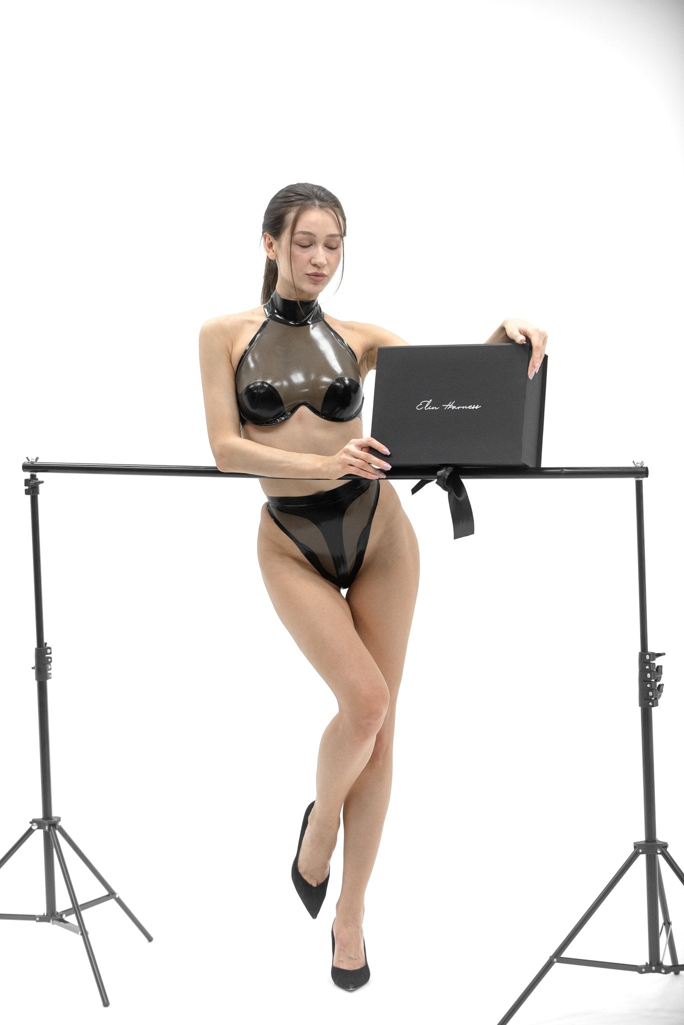 Latex Halter Bra. Semi - Transparent Black + Black - Elinlatex