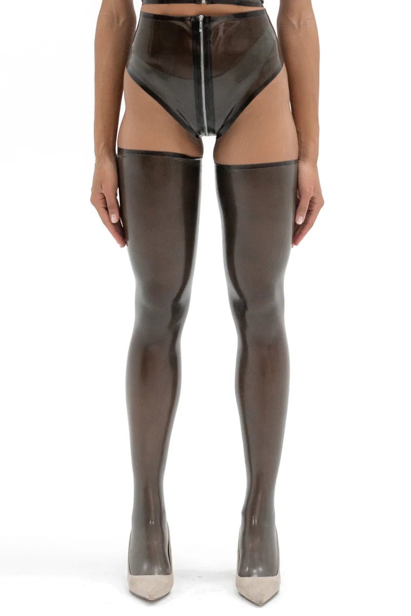 Latex High - Waist Zipper Panties. Semi - transparent Black - Elinlatex