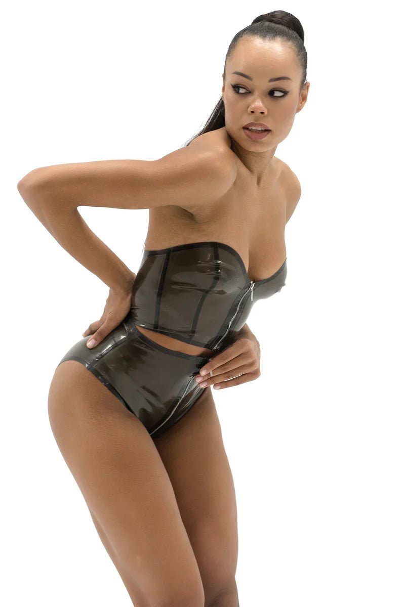 Latex High - Waist Zipper Panties. Semi - transparent Black - Elinlatex