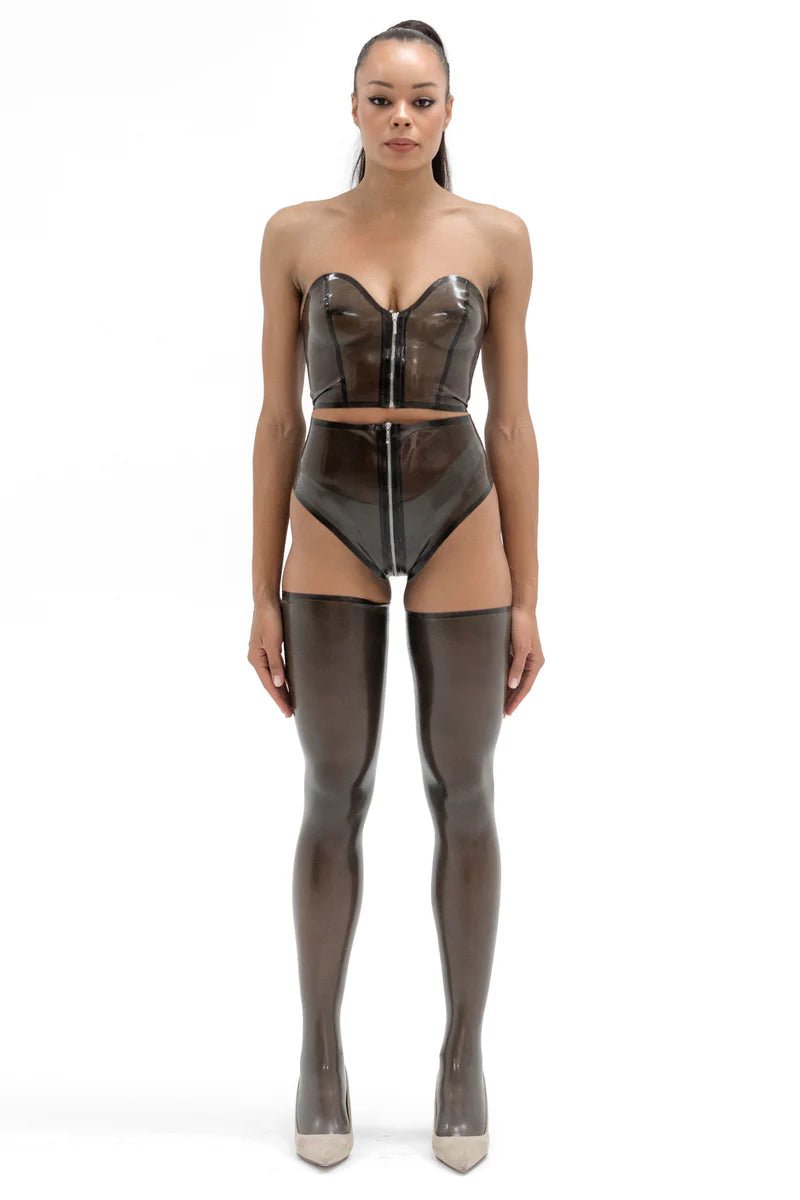 Latex High - Waist Zipper Panties. Semi - transparent Black - Elinlatex