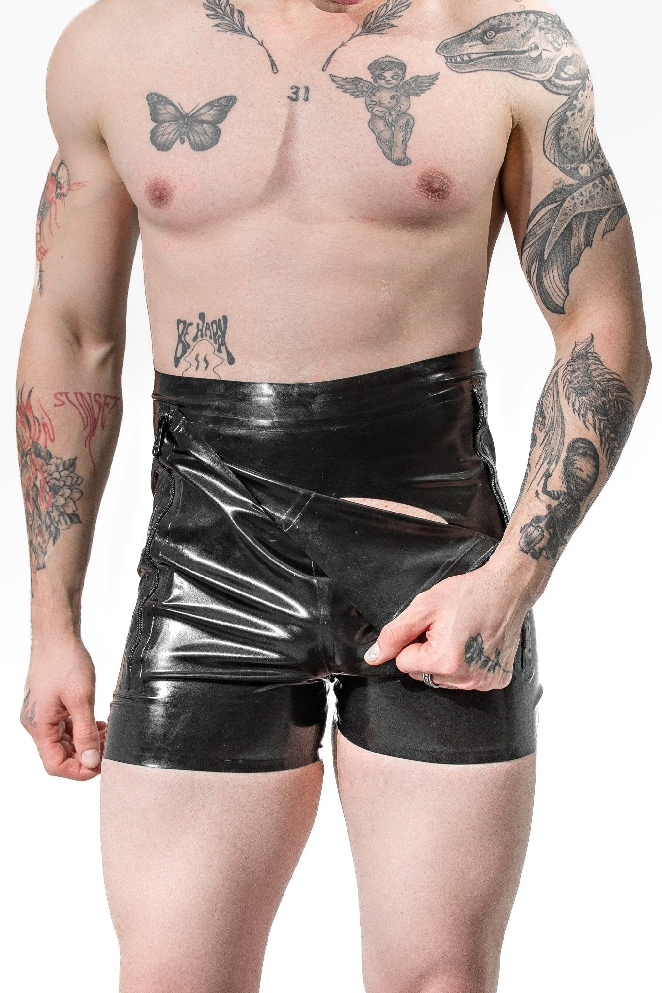 Latex Men’s Shorts with Dual Front Side Zippers - Elinlatex