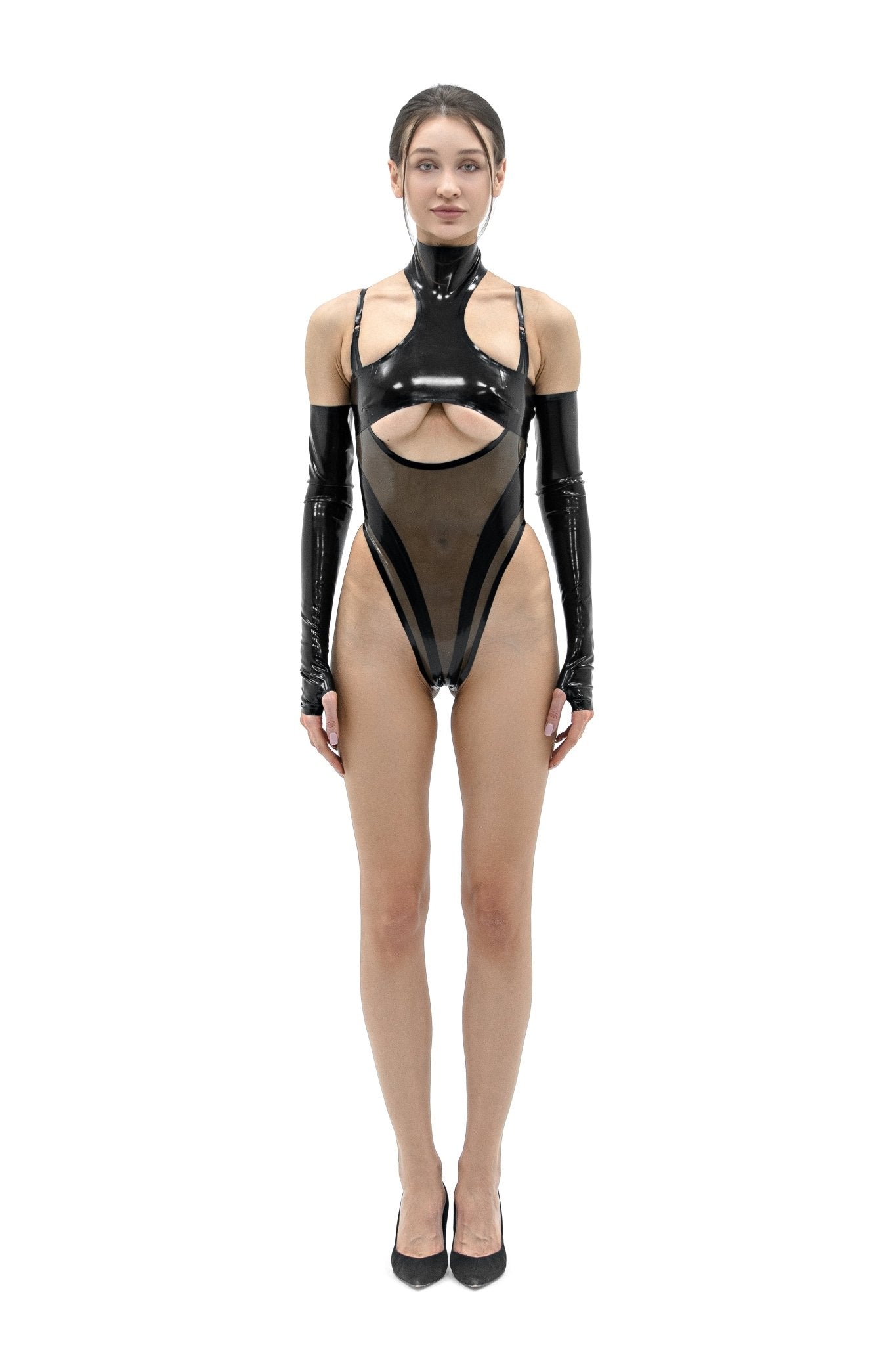 Latex set: Semi-transparent bodysuit with open bust + high neck top - Elinlatex