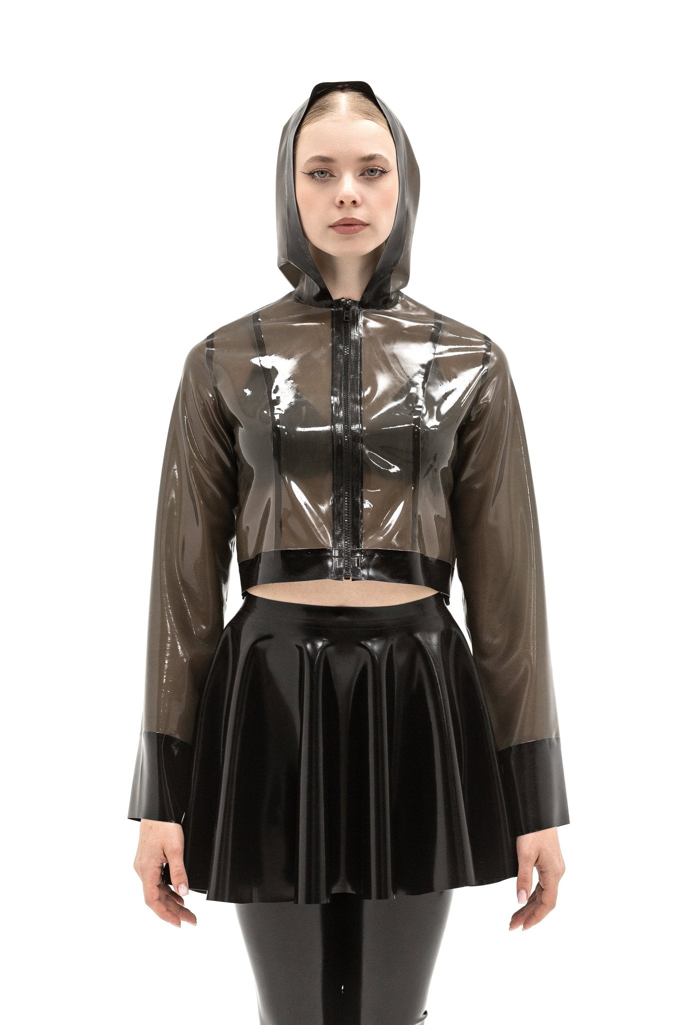 Latex shortcut jacket with a hood. Semi - transparent Black - Elinlatex