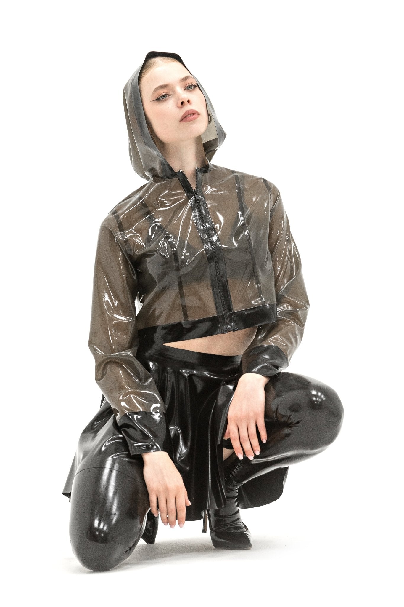 Latex shortcut jacket with a hood. Semi - transparent Black - Elinlatex