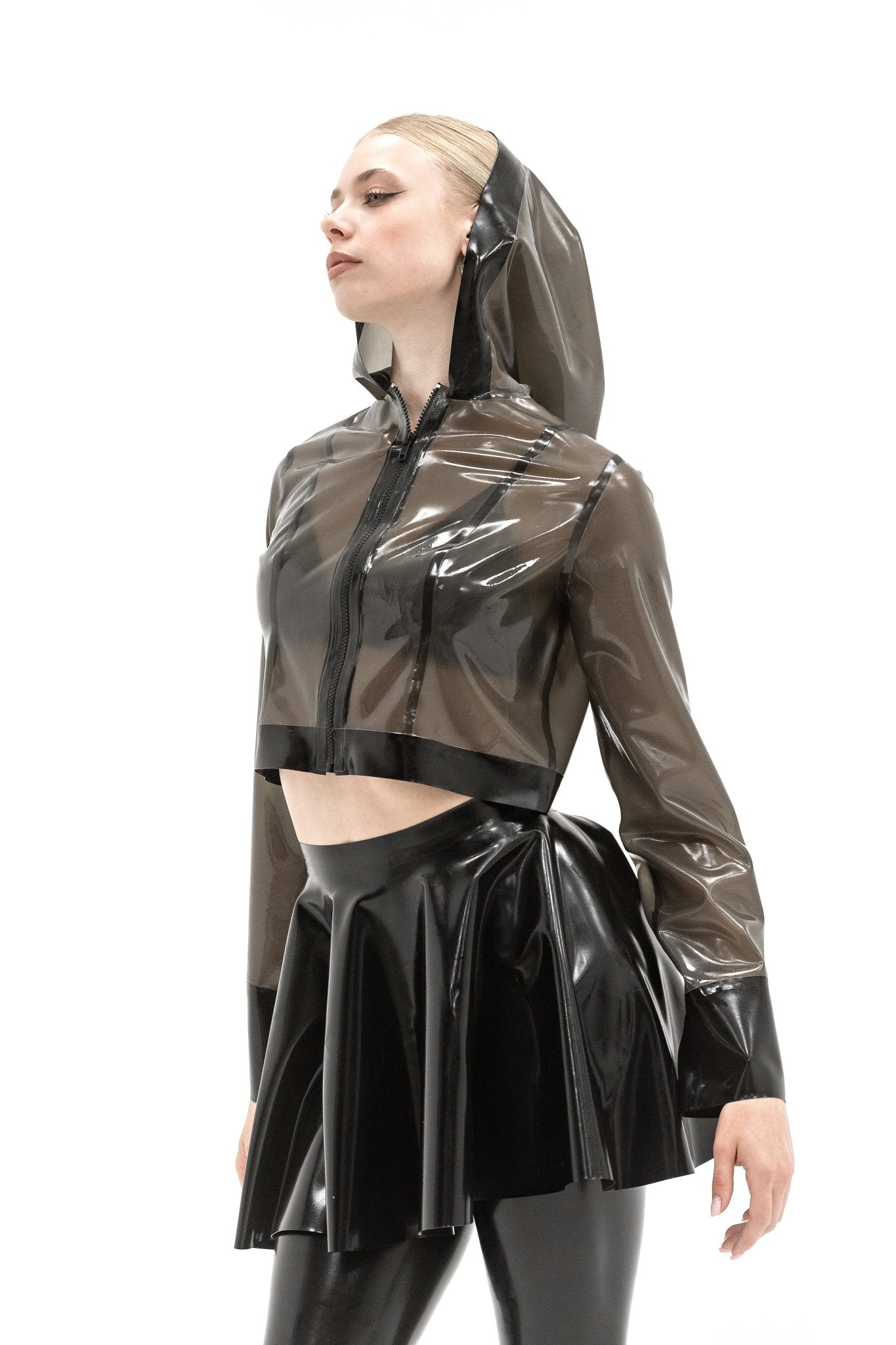 Latex shortcut jacket with a hood. Semi - transparent Black - Elinlatex