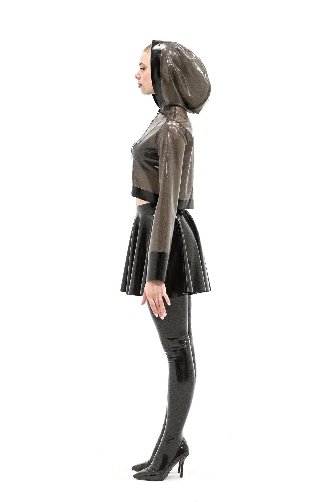 Latex shortcut jacket with a hood. Semi - transparent Black - Elinlatex