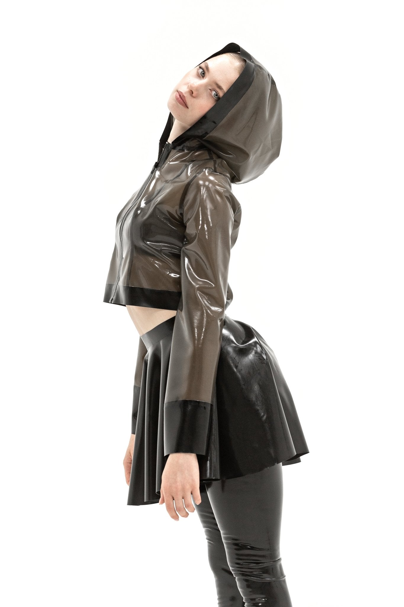 Latex shortcut jacket with a hood. Semi - transparent Black - Elinlatex