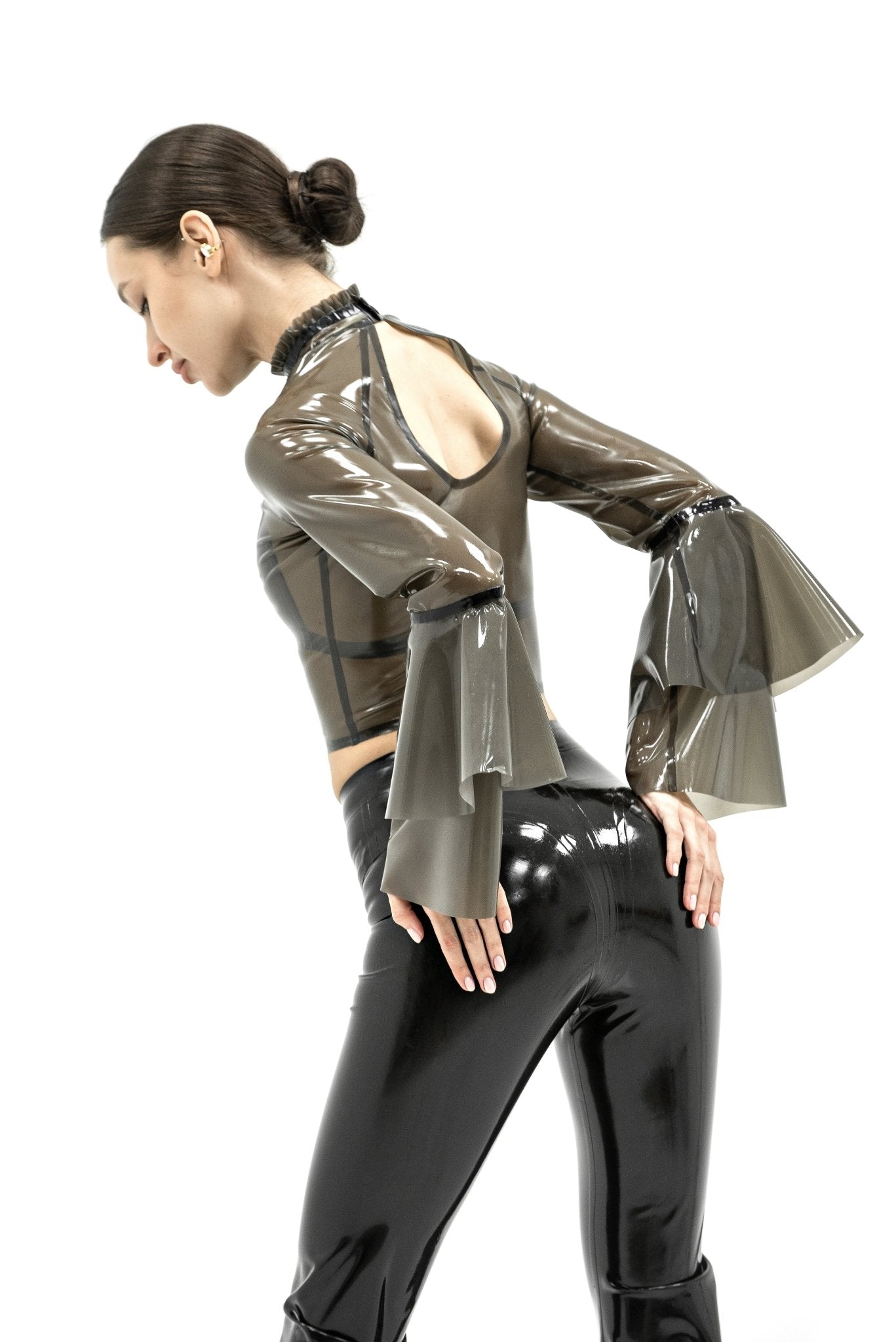 Latex Top with Ruffled Sleeves Isabelle - 01. Black Semi - Transparent - Elinlatex