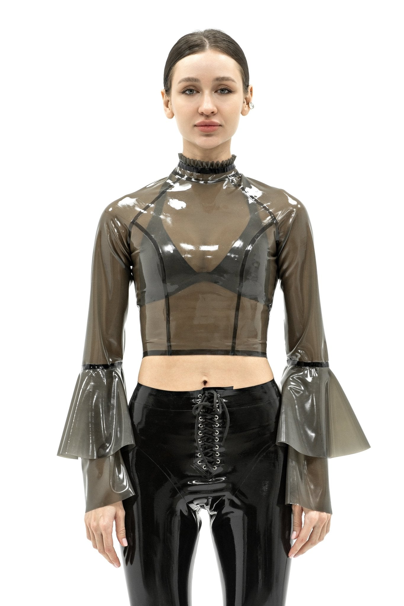 Latex Top with Ruffled Sleeves Isabelle - 01. Black Semi - Transparent - Elinlatex