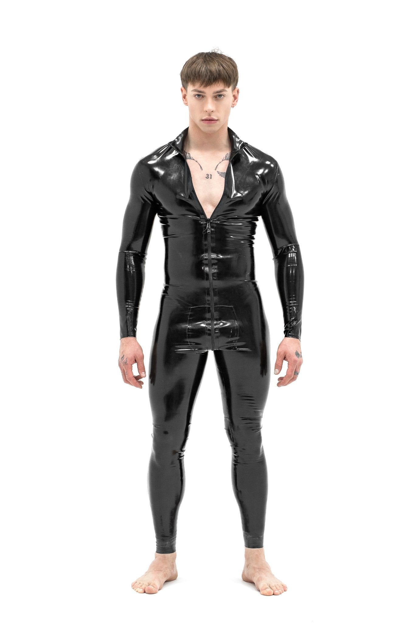 Latex Zipped Male Catsuit. Black - Elinlatex