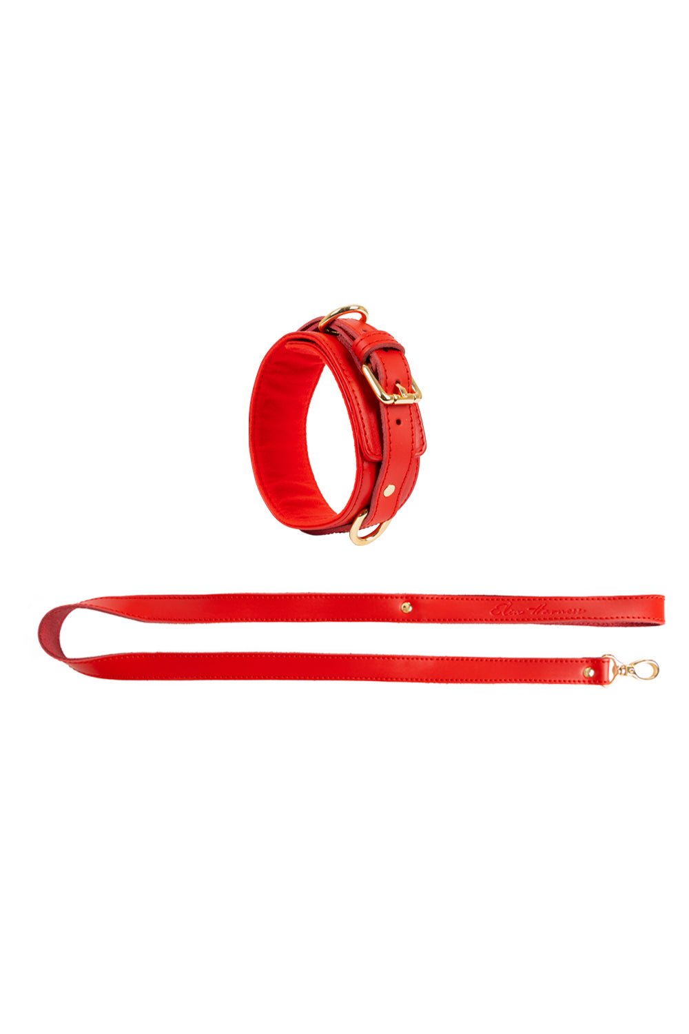 Leather Choker with Leash Red - Elinlatex