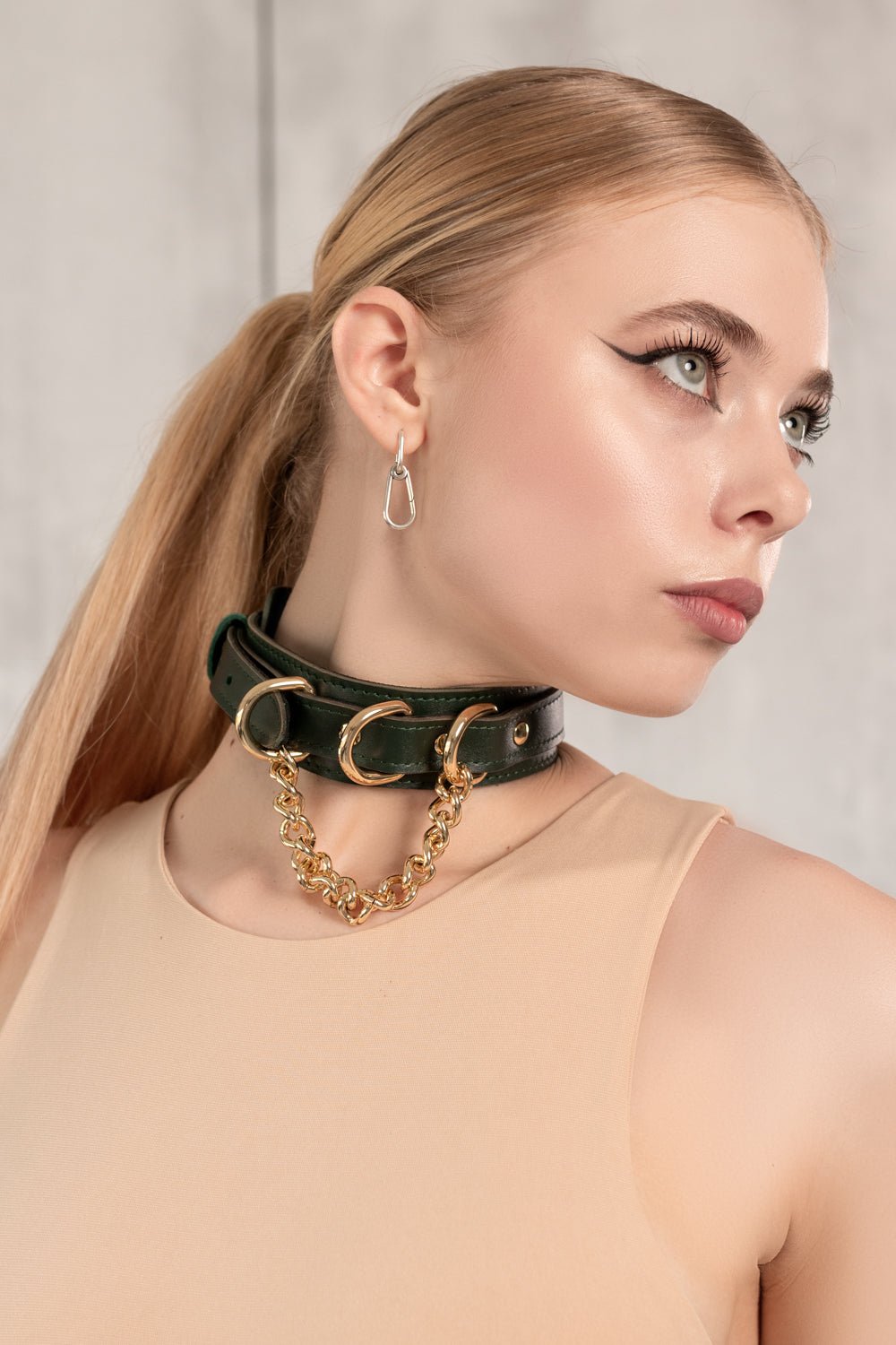 Leather Collar with D-rings and Chain - Elinlatex