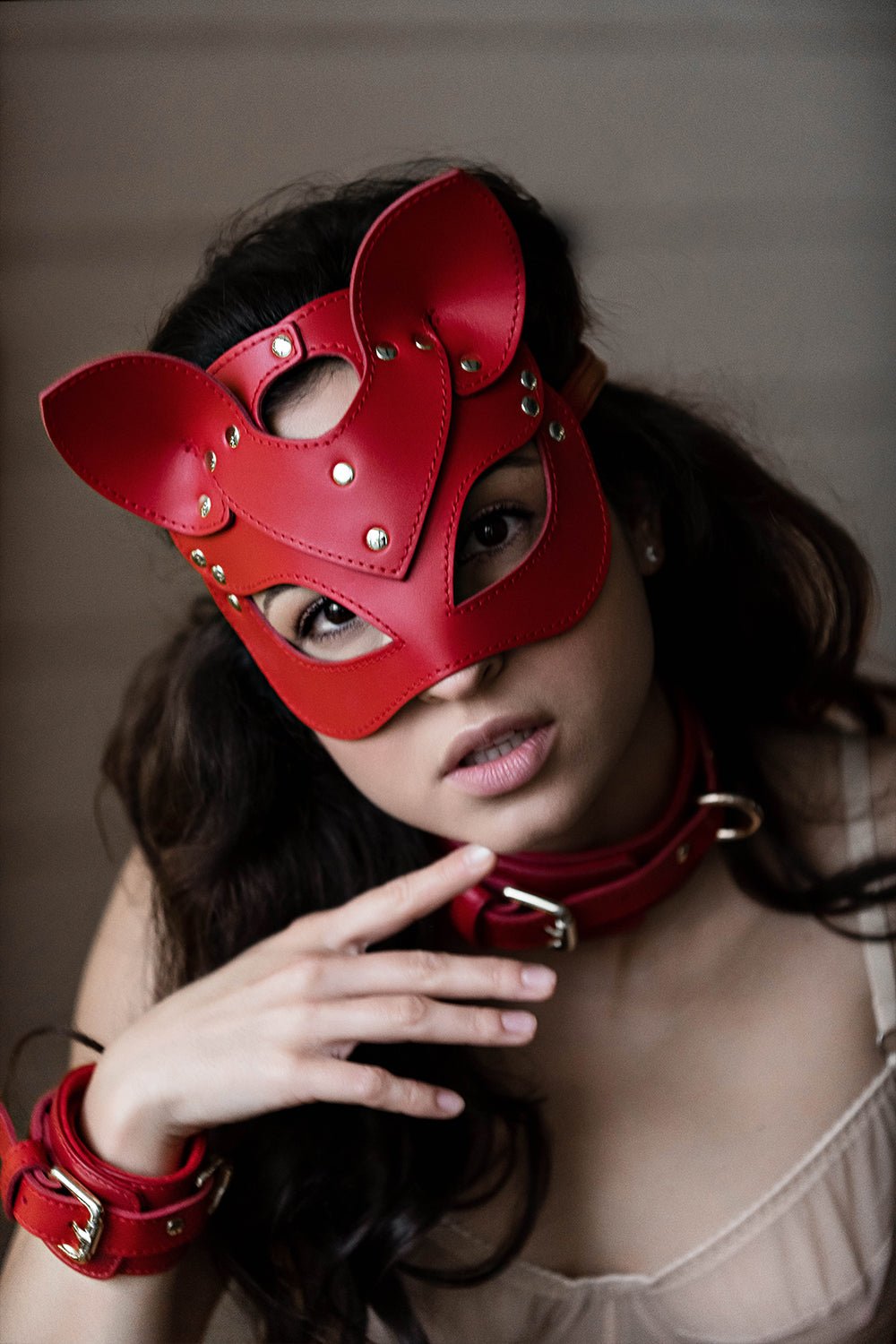 Leather сat mask, kitty fetish mask. Burgundy - Elinlatex