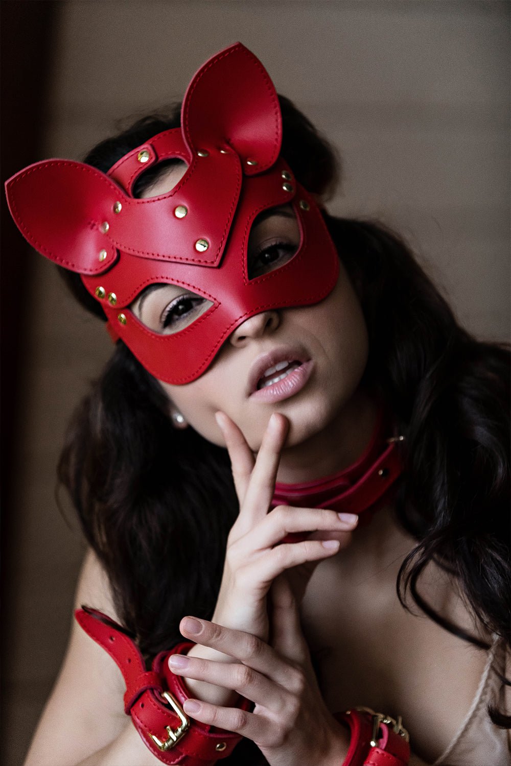 Leather сat mask, kitty fetish mask. Red - Elinlatex