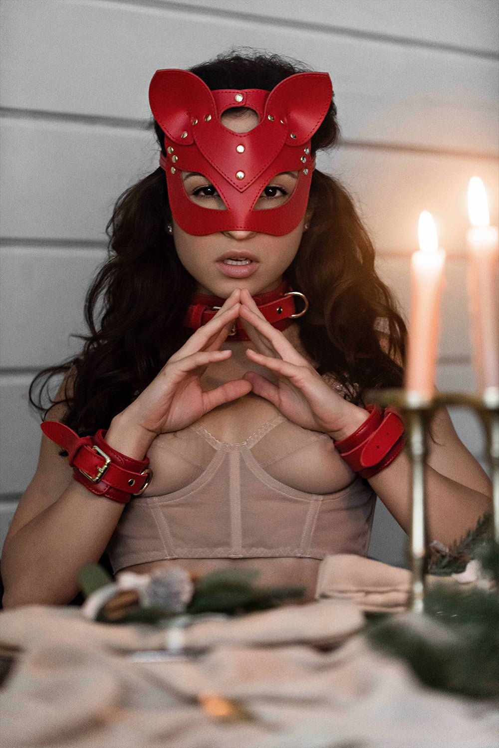 Leather сat mask, kitty fetish mask. Red - Elinlatex