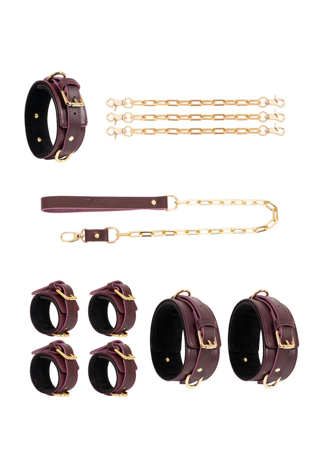 Leather set 4 in 1 with large links chain leash and connectors. 10 colors - Elinlatex