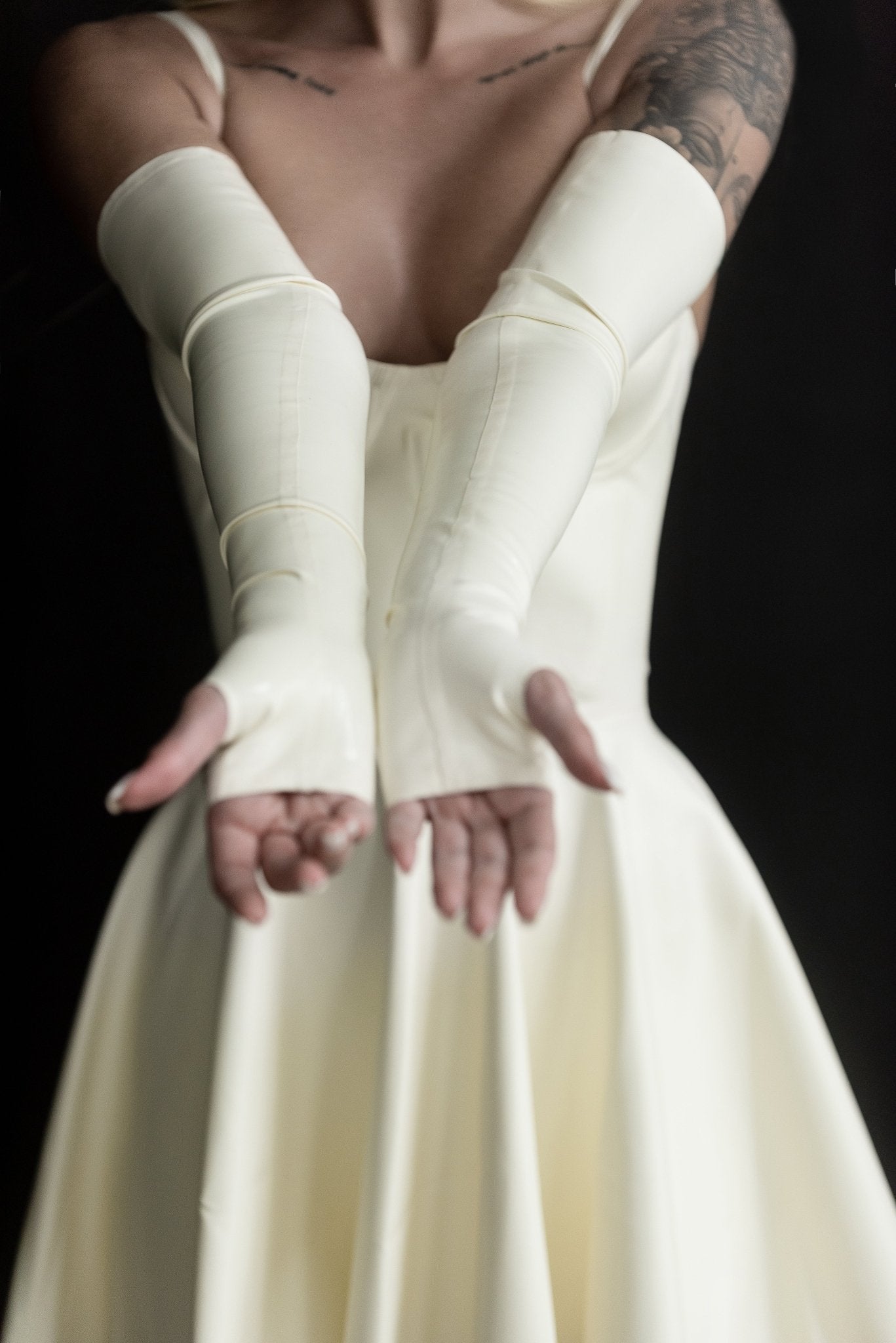 Milky White Latex Fingerless Long Gloves - Elinlatex