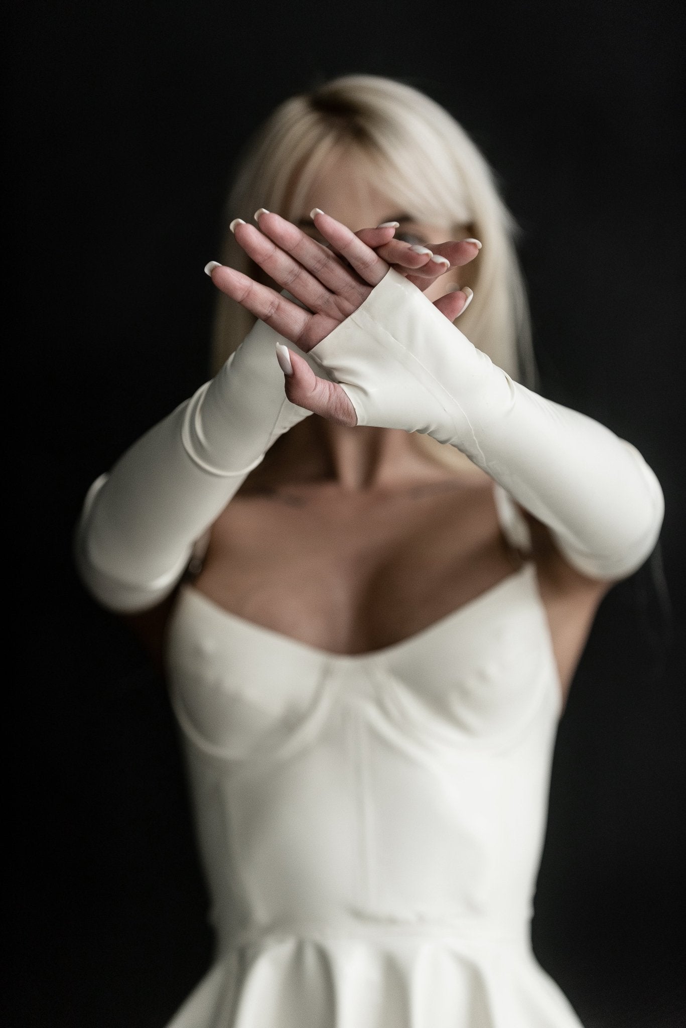 Milky White Latex Fingerless Long Gloves - Elinlatex