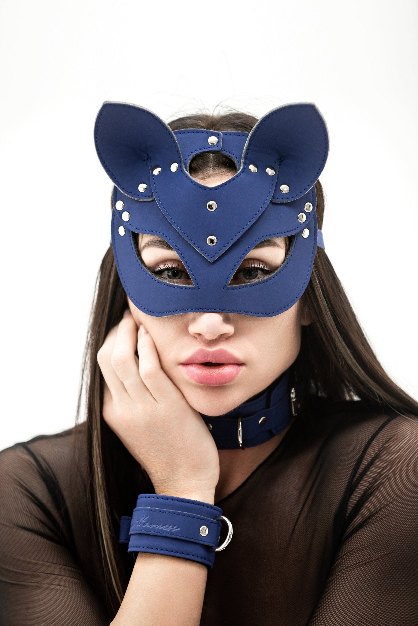 Navy Blue Faux Leather Cat mask - Elinlatex