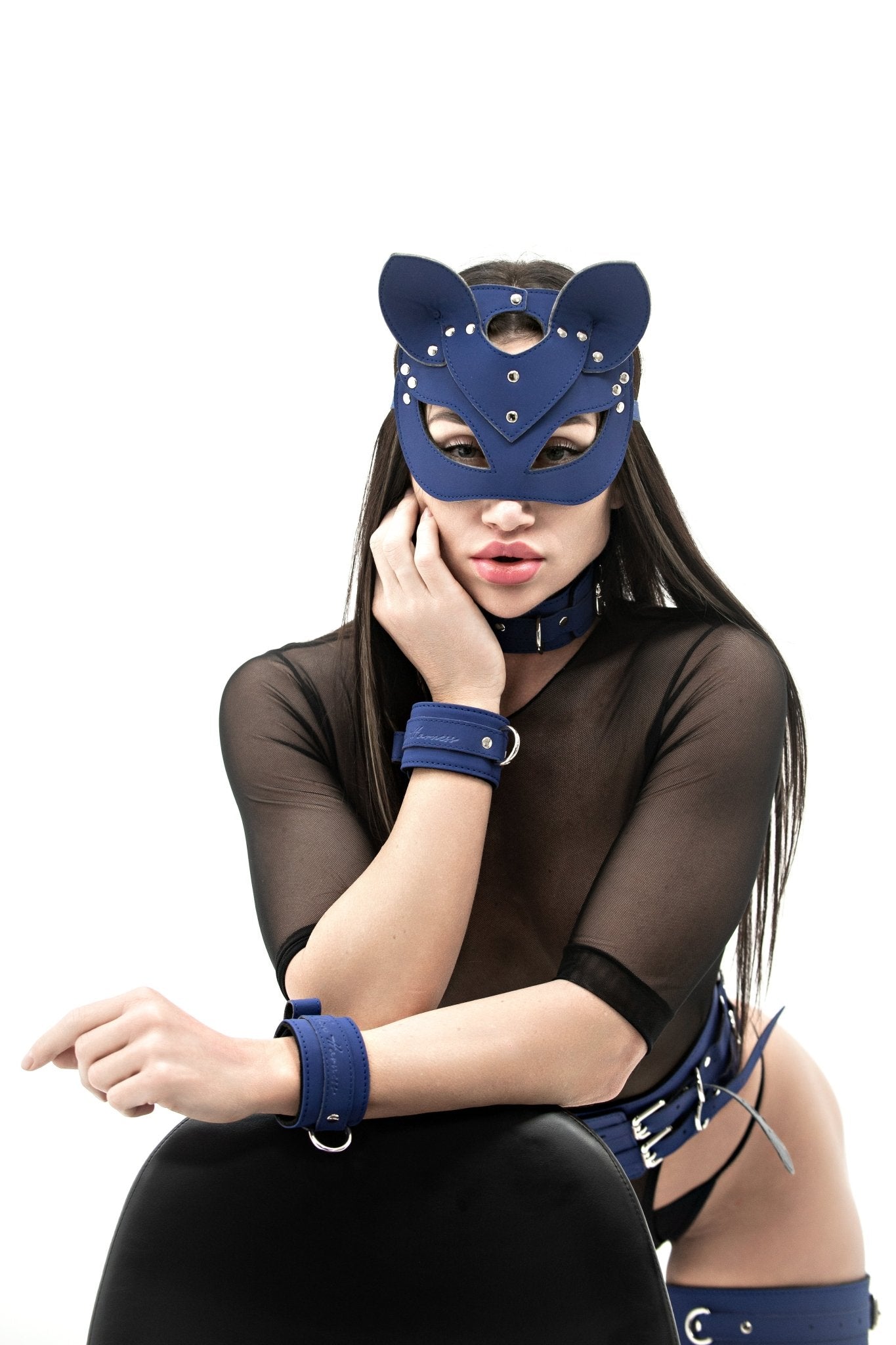 Navy Blue Faux Leather Cat mask - Elinlatex