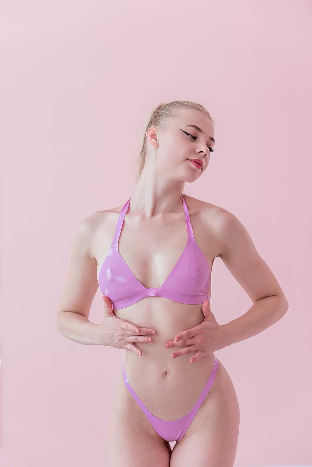 Pink Latex Lingerie, Latex bra + micro bikini - Elinlatex