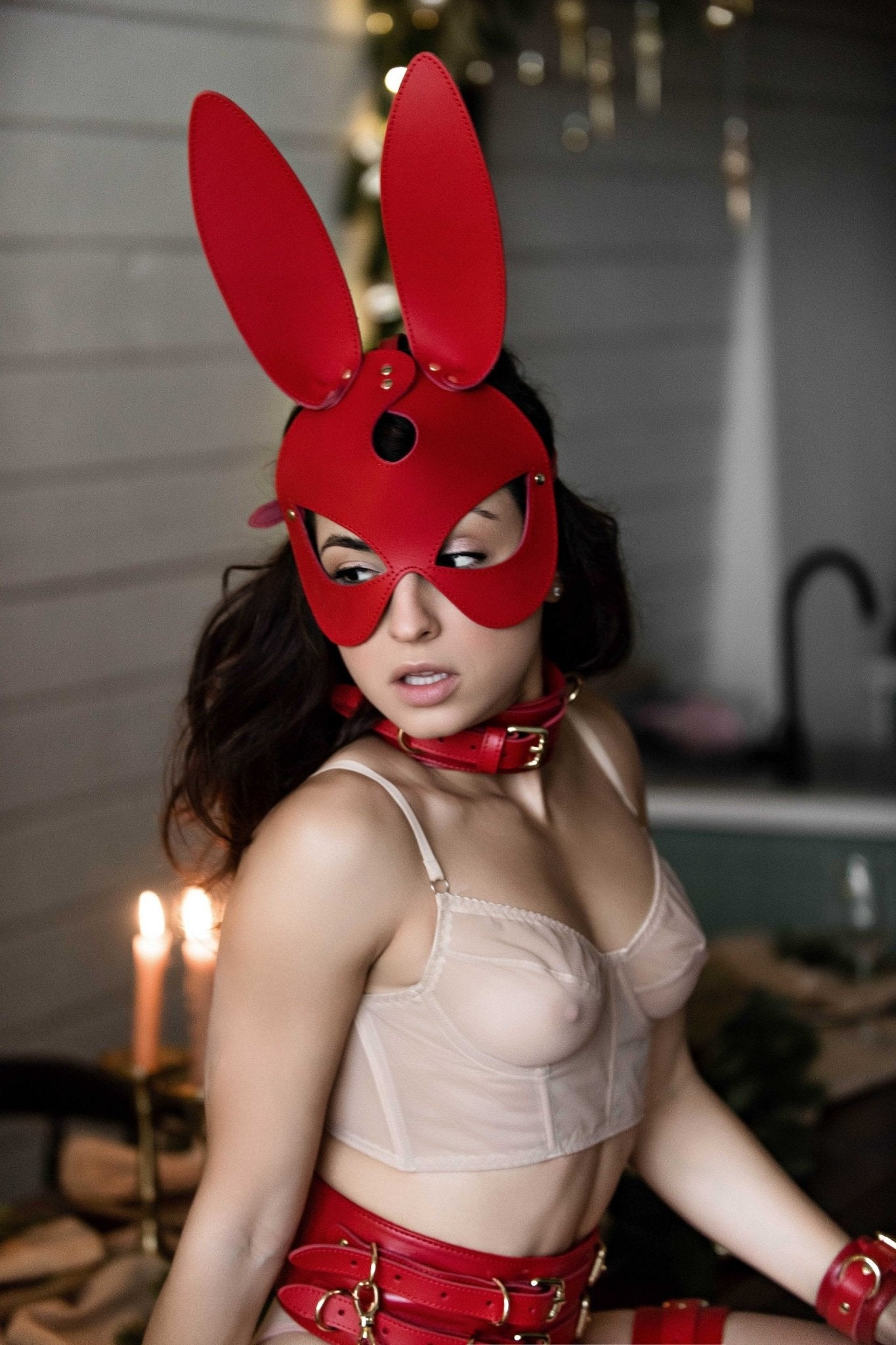 Rabbit mask, Leather Bunny Face mask. Brown - Elinlatex