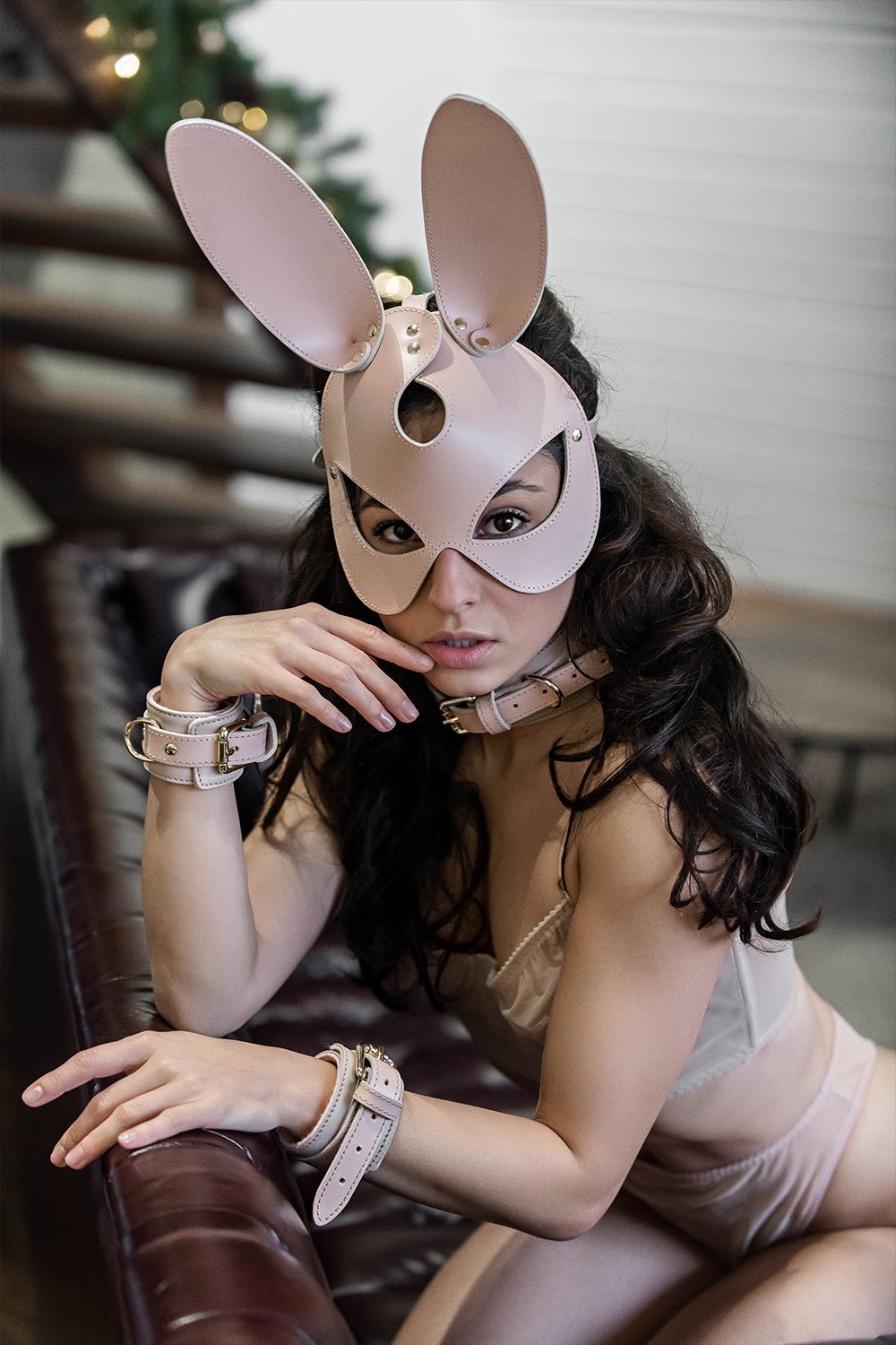 Rabbit mask, Leather Bunny Face mask. Pink - Elinlatex