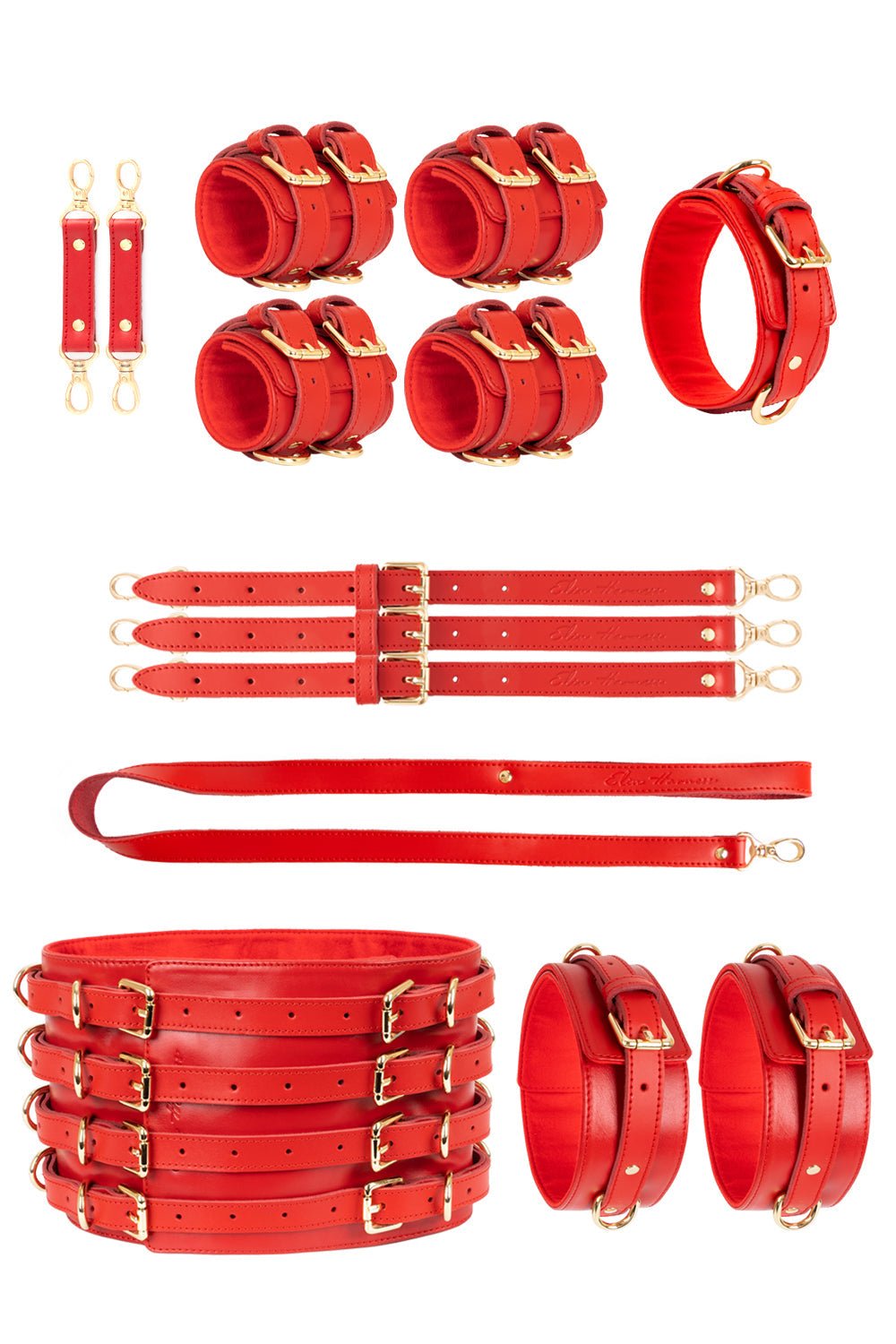 Red Luxury Full Leather Set with Wide Belt and Cuffs - Elinlatex