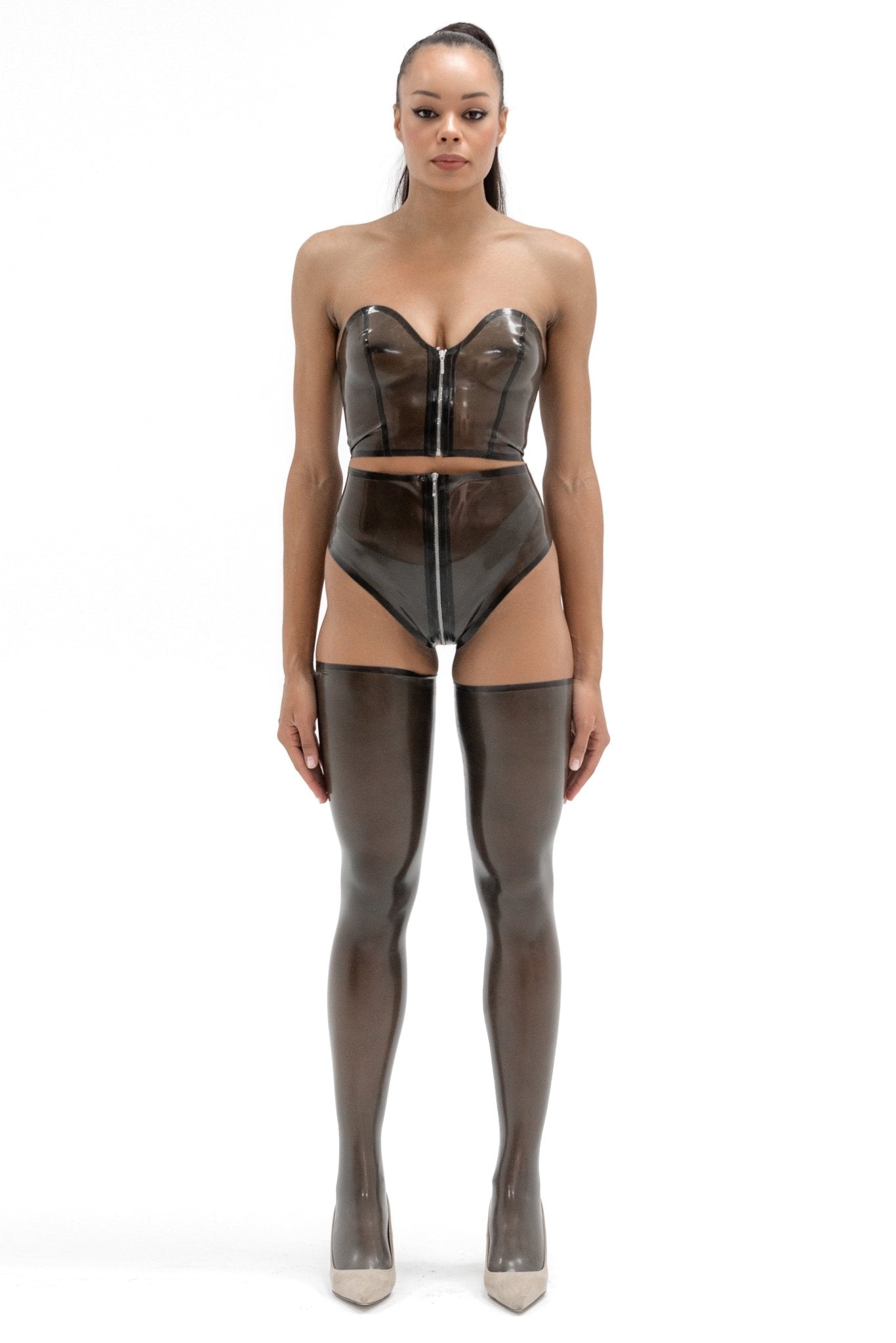 Semi-transparent Black Latex Top and High-Waist Panties set - Elinlatex