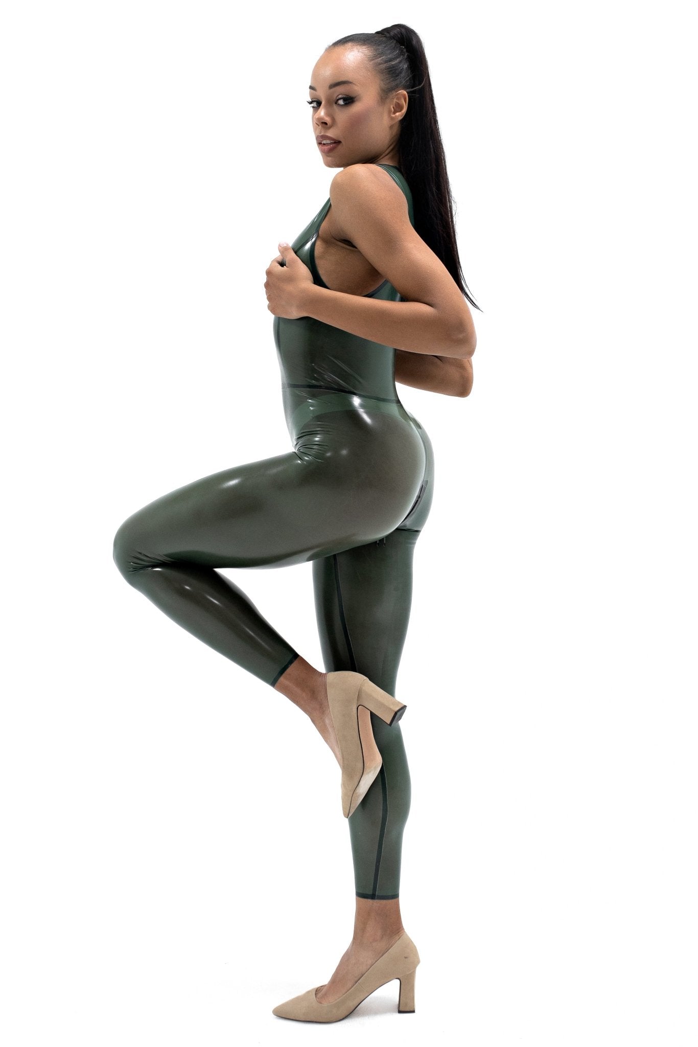 Semi-transparent Olive Latex Sleeveles Catsuit - Elinlatex