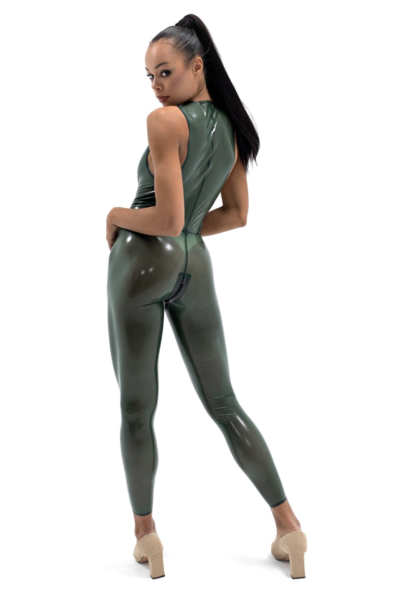 Semi-transparent Olive Latex Sleeveles Catsuit - Elinlatex